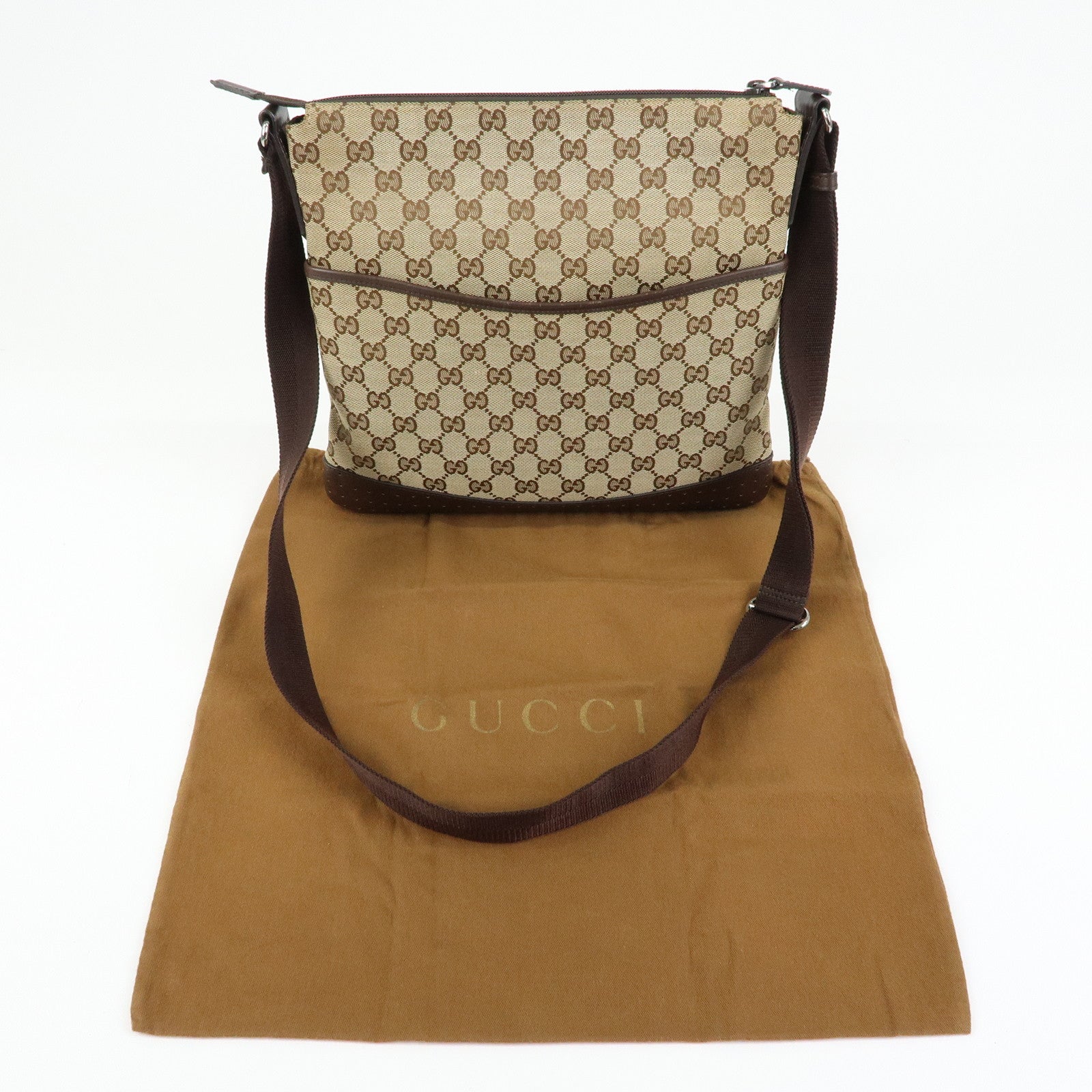 GUCCI GG Canvas Leather Shoulder Crossbody Bag Beige Brown 145857