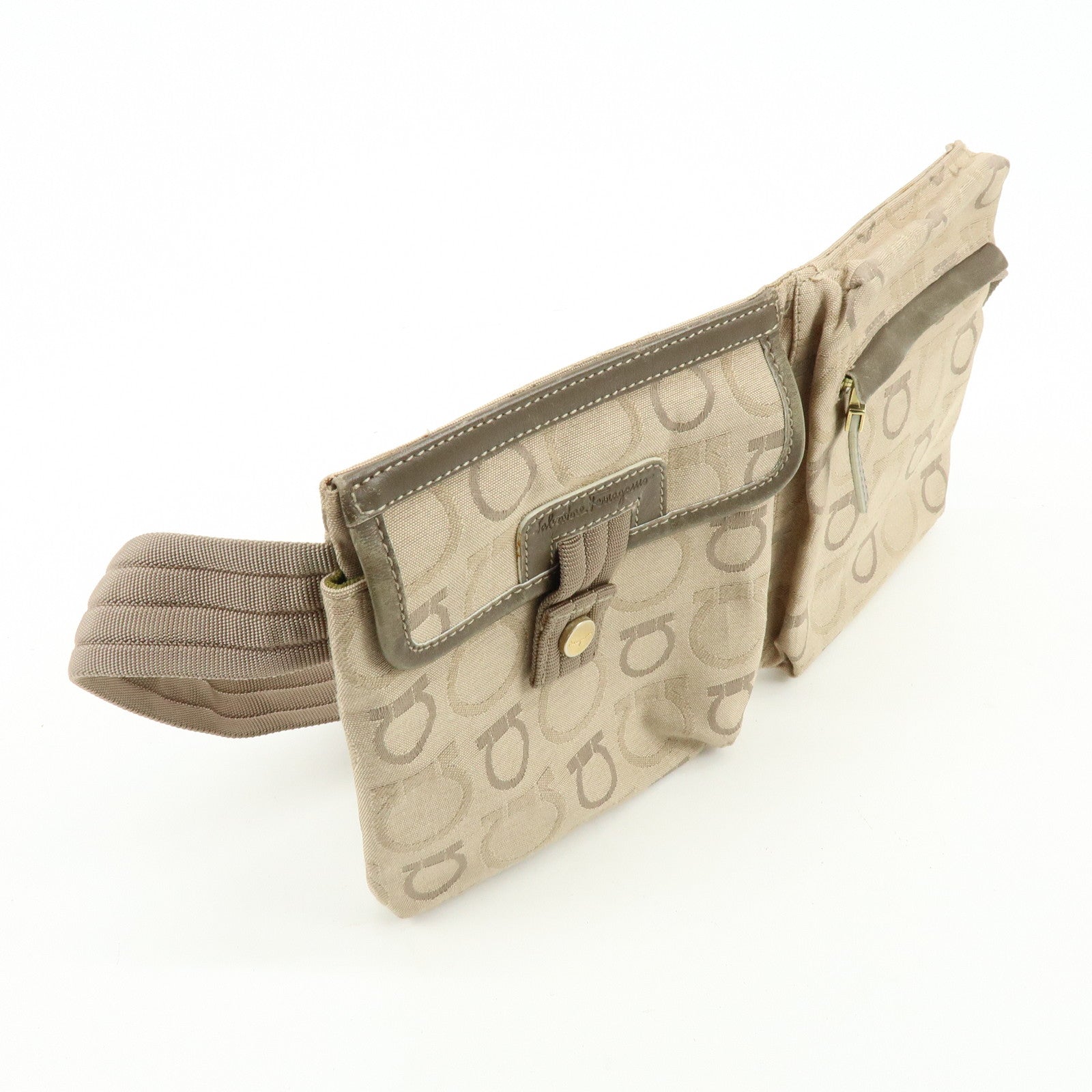 Ferragamo Gancini Canvas Leather Body Bag Waist Bag Beige