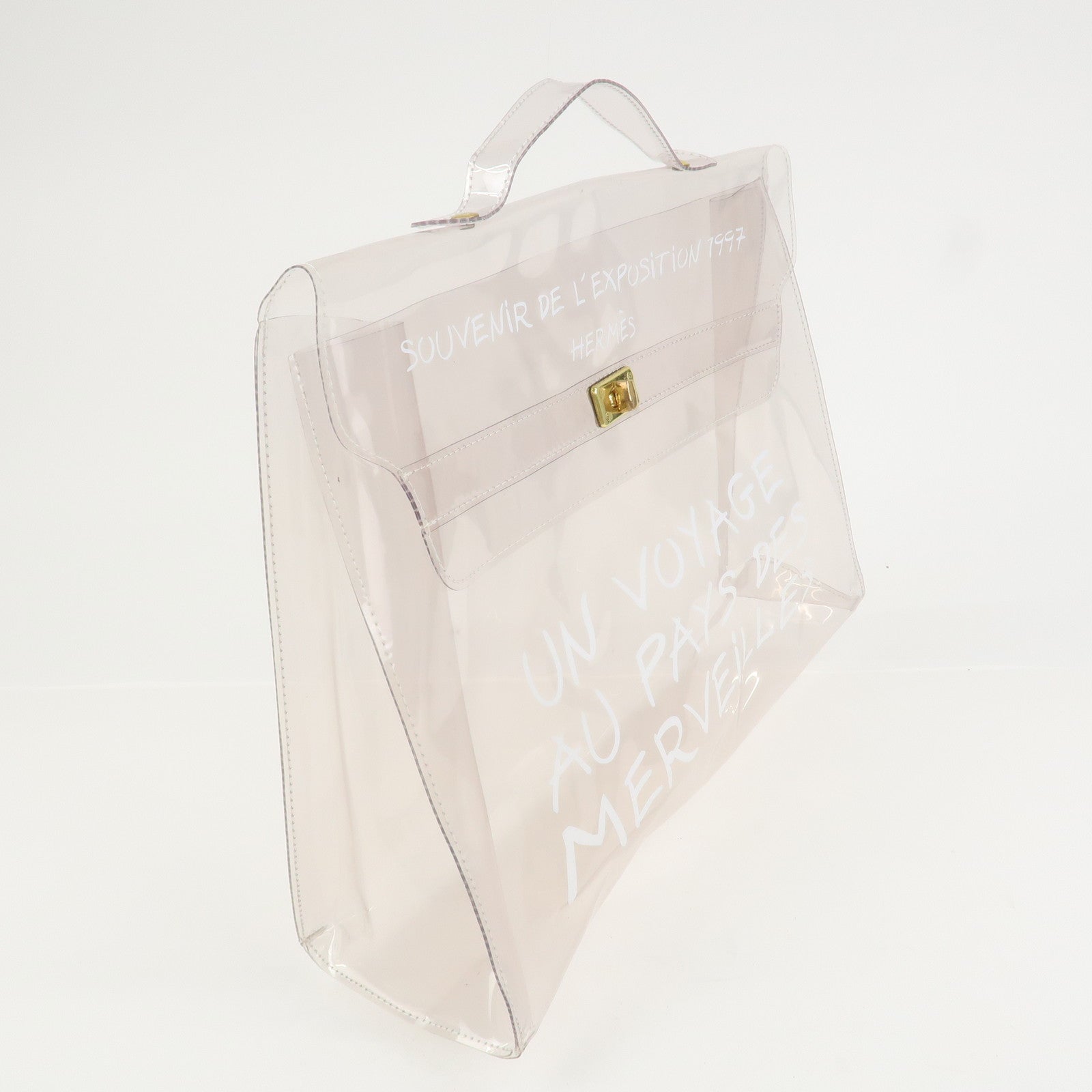 HERMES Kelly Vinyl Hand Bag Clear Transparent White Gold