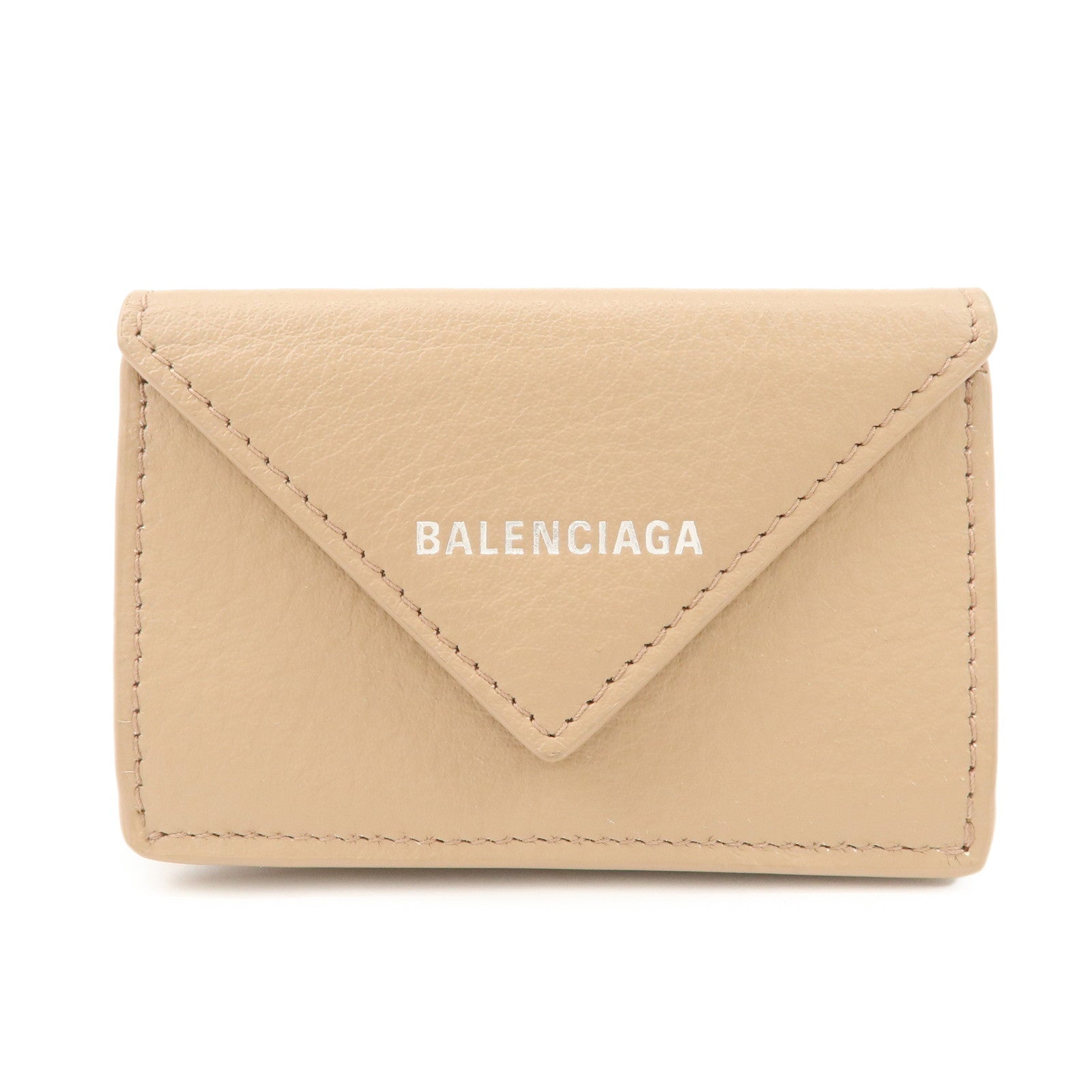 BALENCIAGA Leather Tri-fold Compact Wallet Beige 391446