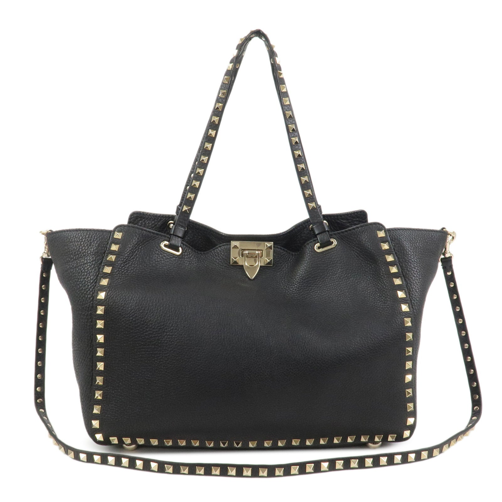 VALENTINO Rockstud Leather Tote Bag Hand Bag Shoulder Bag Black