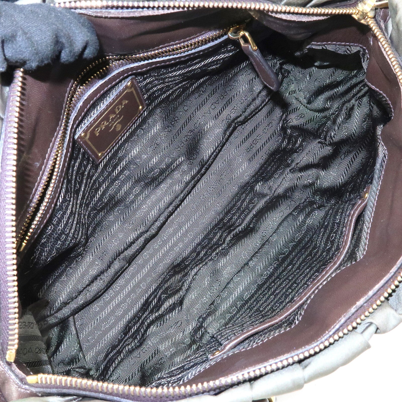 PRADA Nylon Leather Gathered 2Way Bag Hand Bag Khaki BN1407