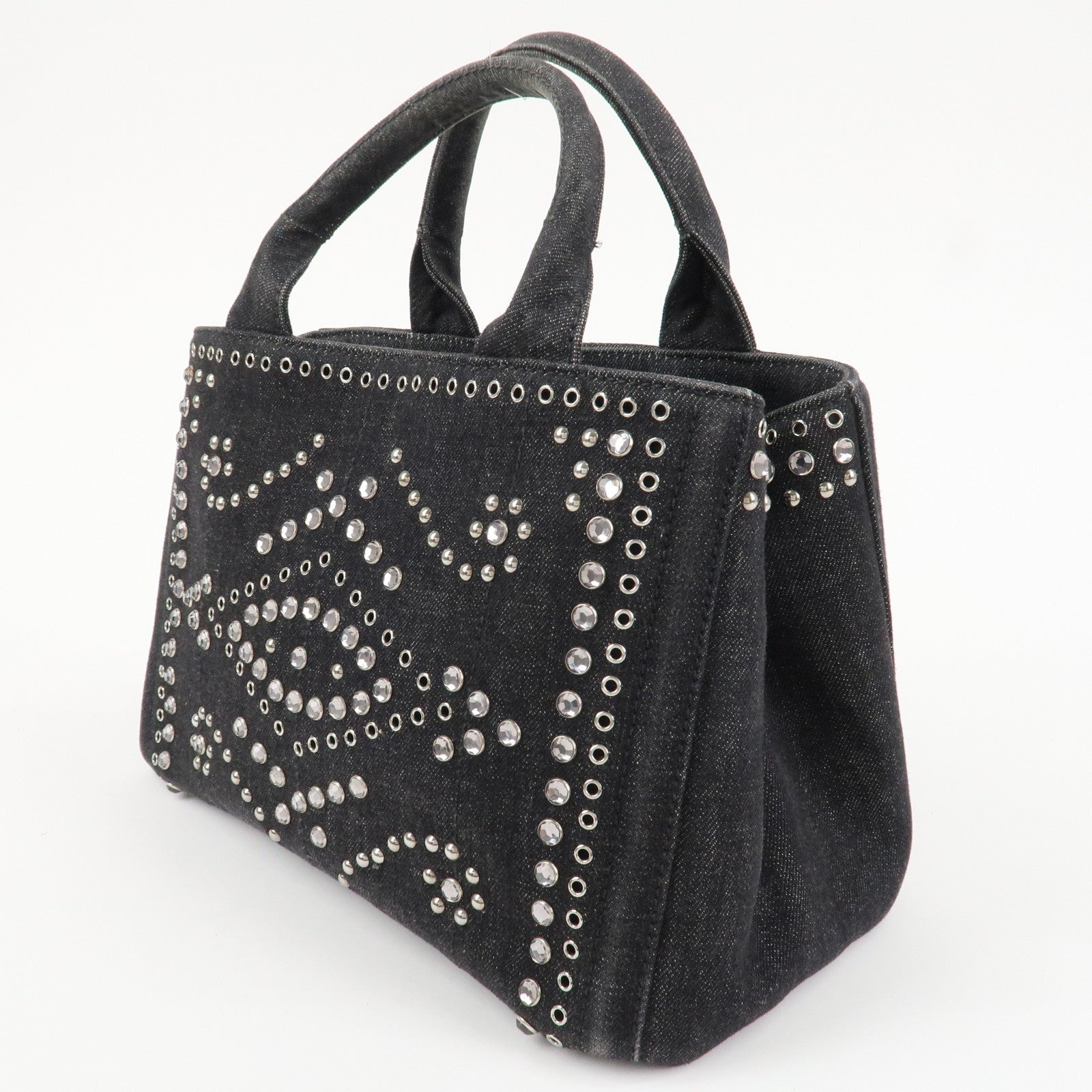PRADA Canapa Mini Canvas Studs 2Way Shoulder Bag Hand Bag Black B2439G Used