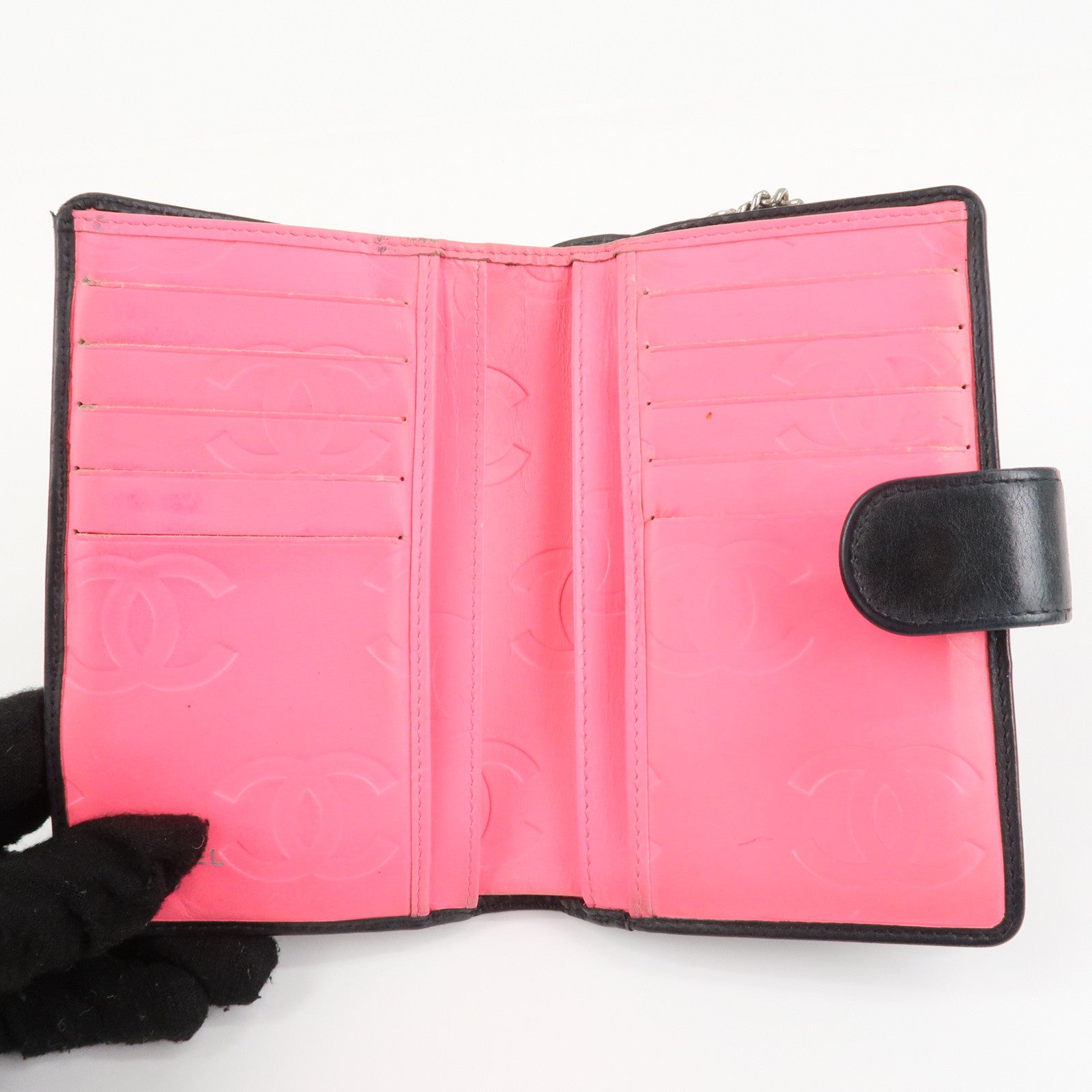 CHANEL Cambon Line COCO Mark Bifold Wallet Black Pink A50080 Used