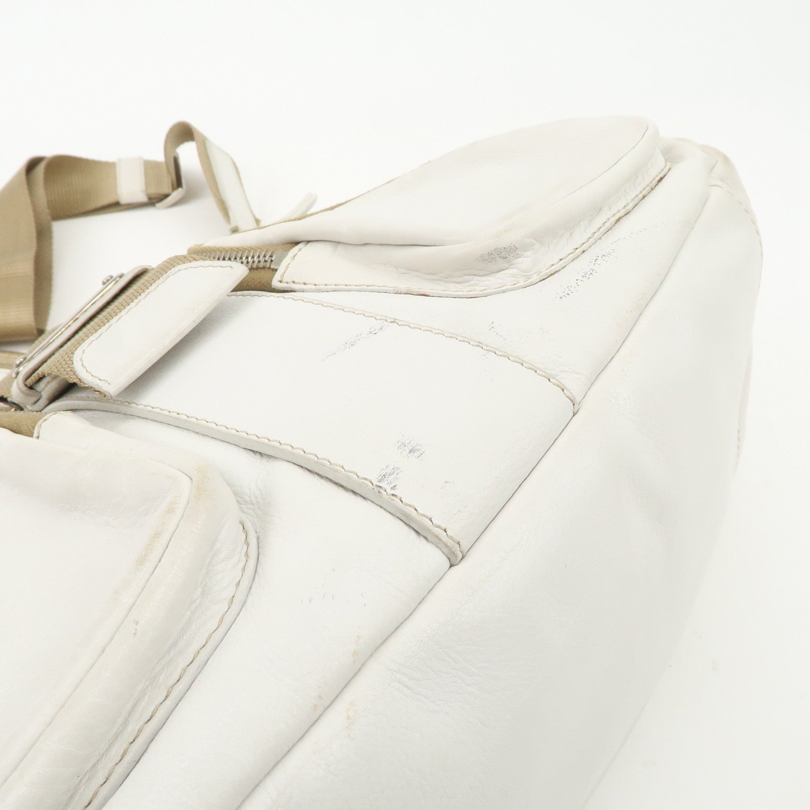 PRADA Triangle Logo Leather Nylon Shoulder Bag White Beige
