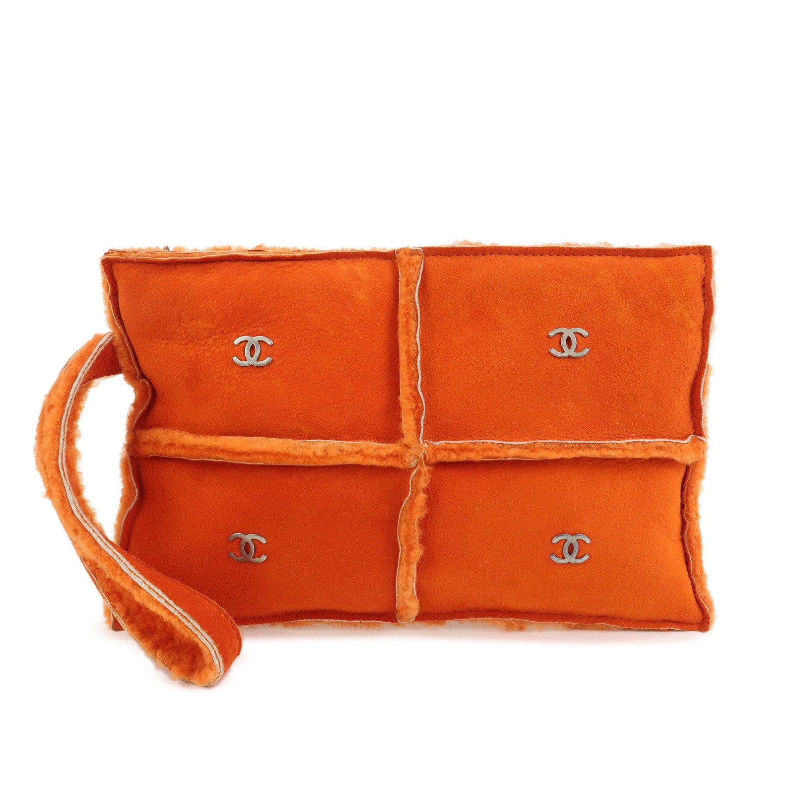 CHANEL Logo Mouton Clutch Bag Cosmetic Pouch Makeup Bag Orange