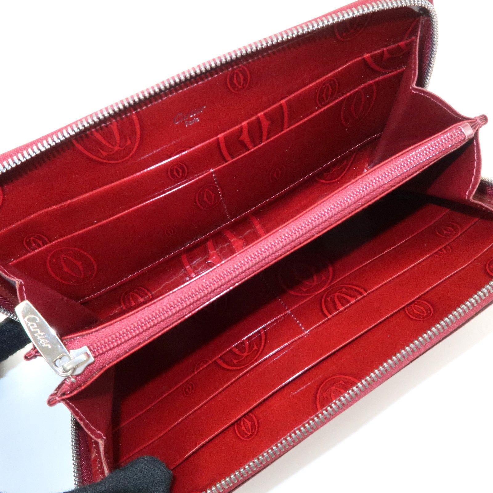 Cartier 2C Patent Leather Round Zippy Long Wallet Bordeaux Used