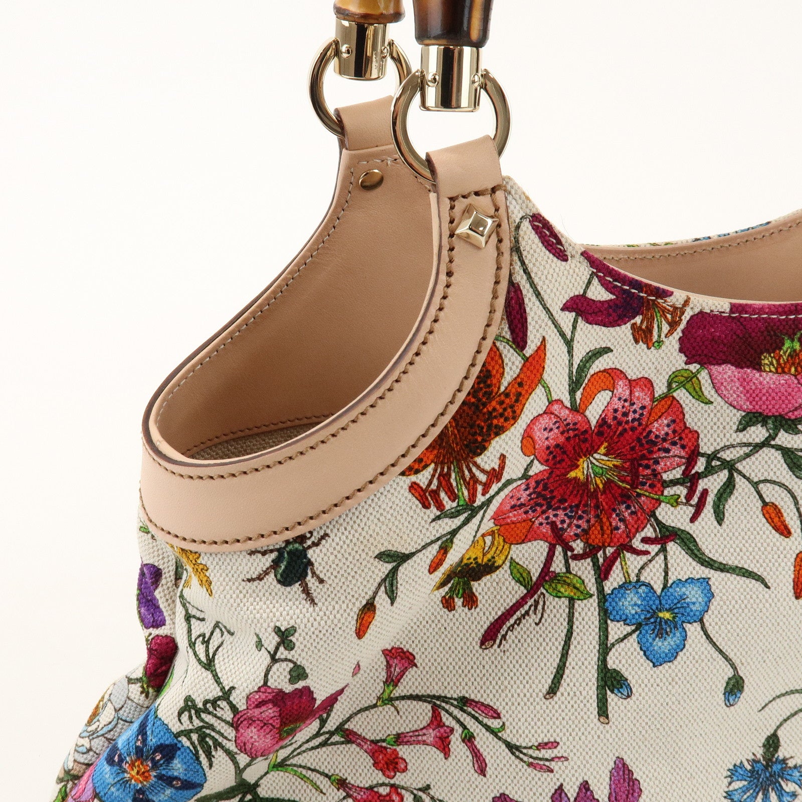 GUCCI Bamboo Flora Canvas Leather Hand Bag Multicolor Beige 137395