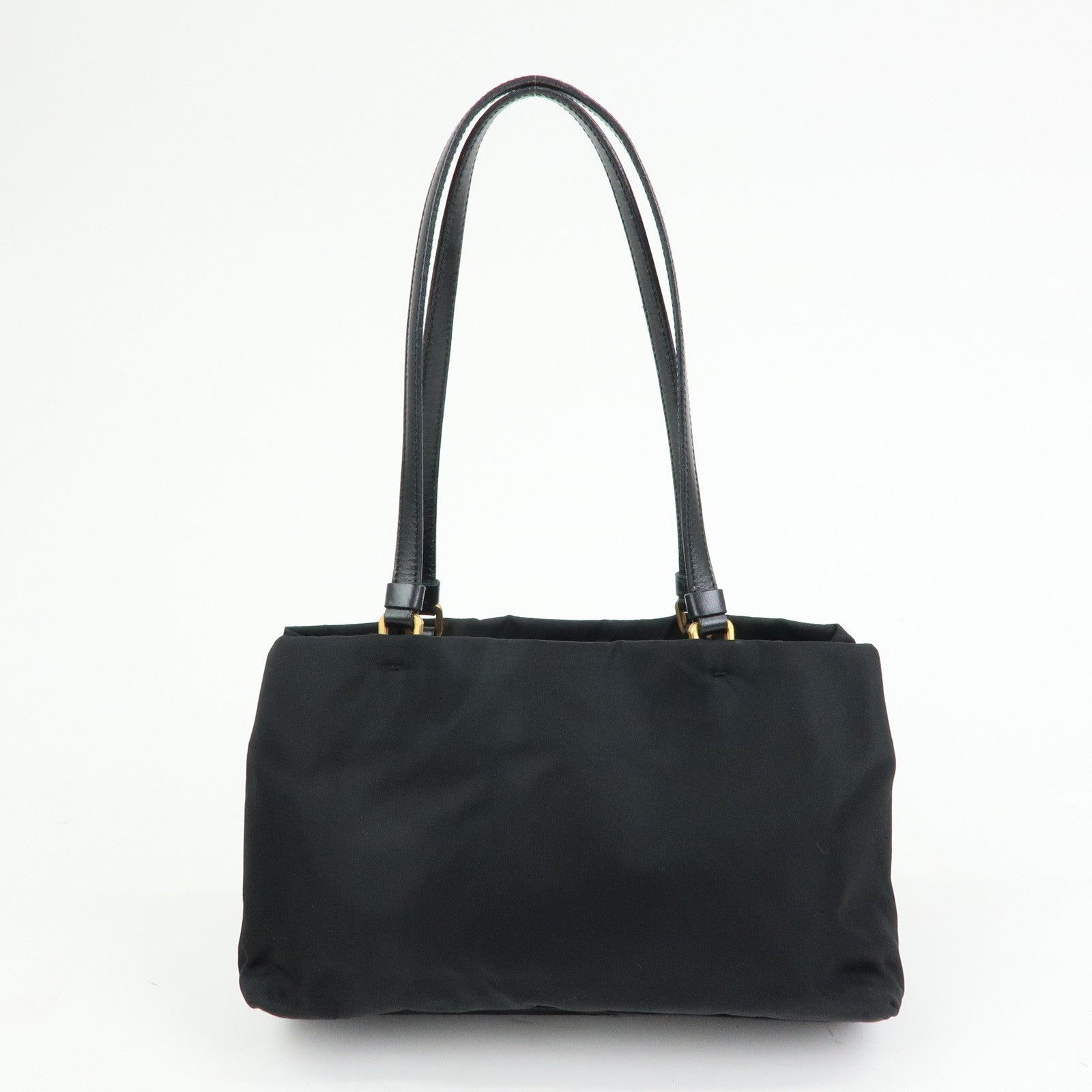 PRADA Triangle Logo Nylon Leather Tote Bag Hand Shoulder Bag Black