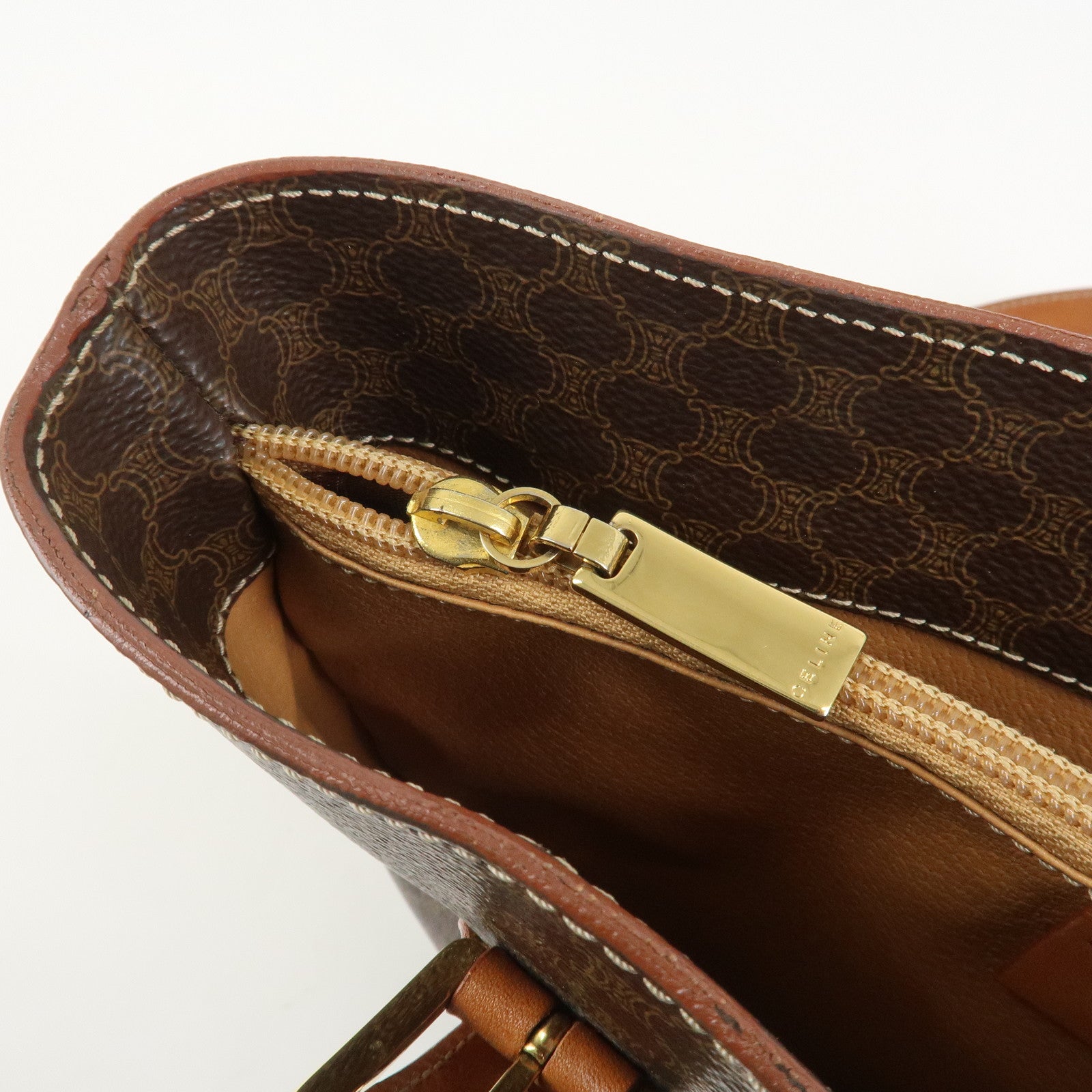 CELINE Macadam PVC Canvas Leather Tote Bag Hand Bag Brown
