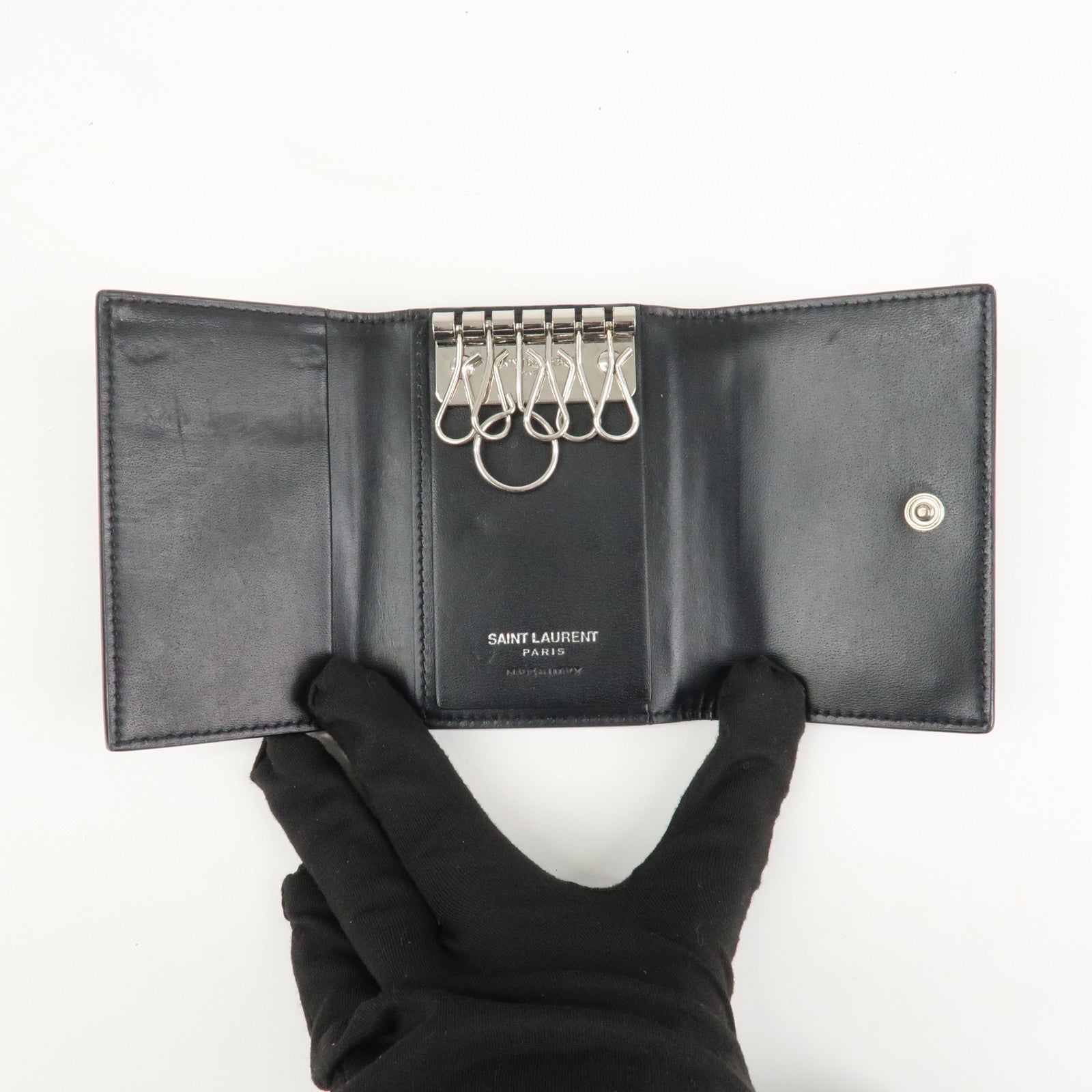 SAINT LAURENT Logo Leather 6 Hook Key Case Black Silver