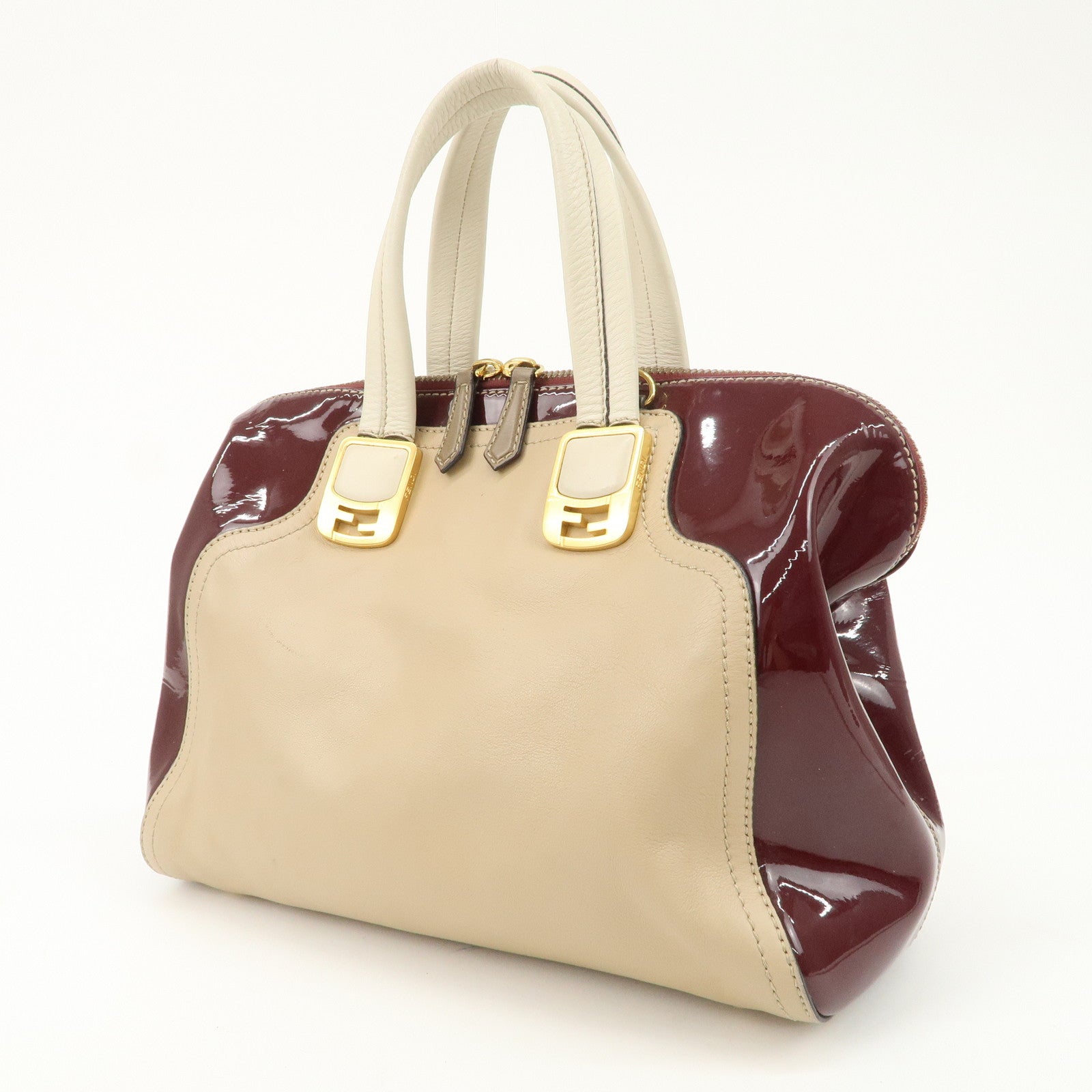 FENDI Chameleon Leather Enamel 2WAY Bag Beige Bordeaux 8BL114
