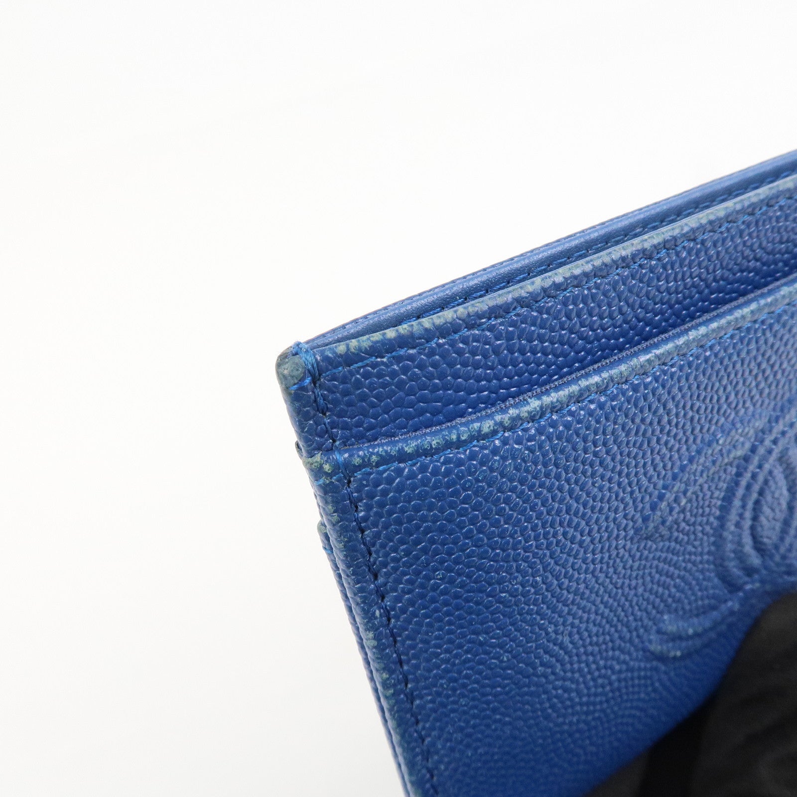 CHANEL Logo Caviarskin Leather Card Case Card Holder Blue
