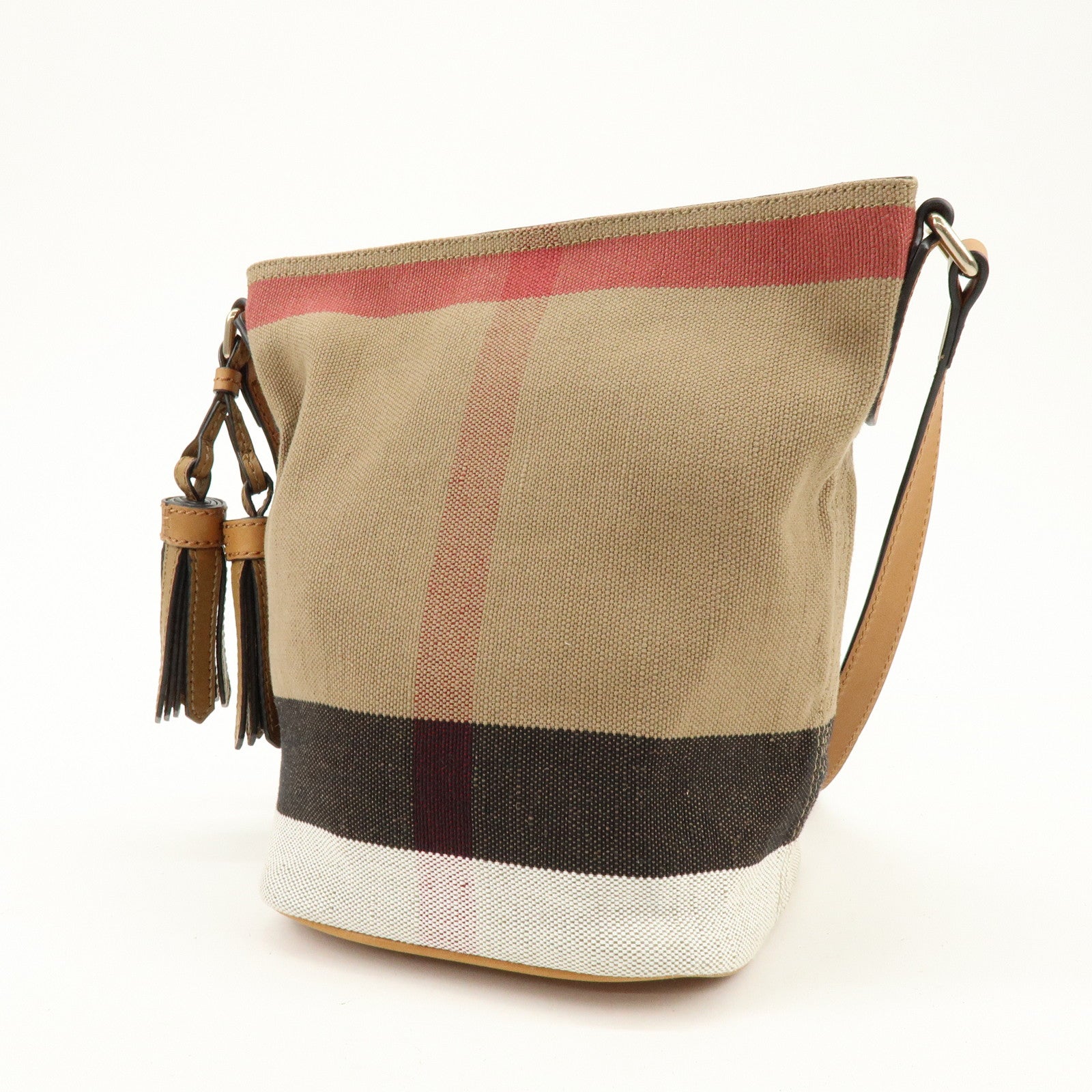 BURBERRY Nova Plaid Canvas Leather Tassel Shoulder Bag Beige Camel