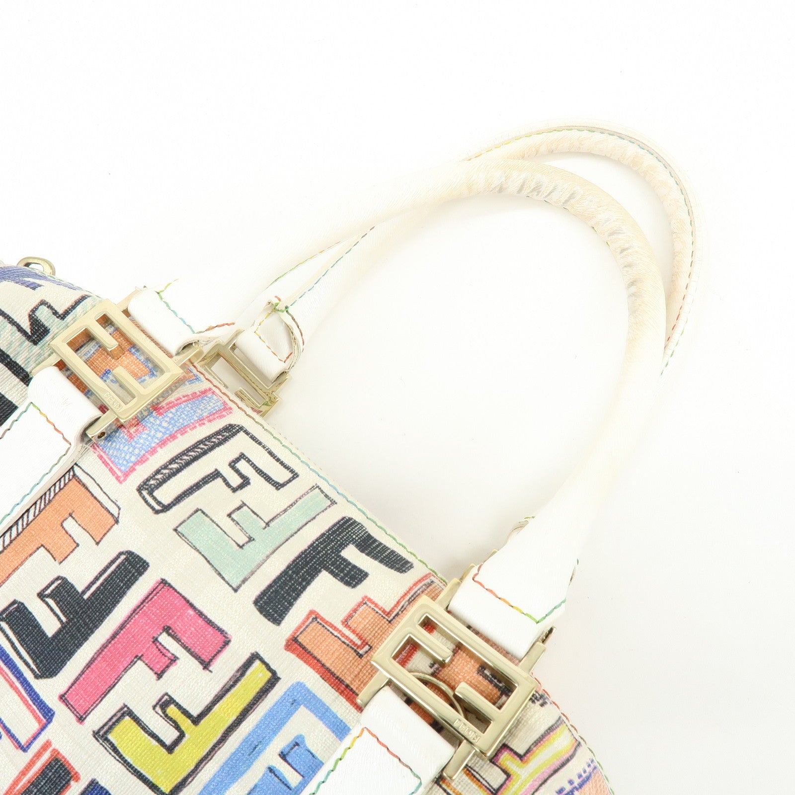 FENDI Zucca PVC Canvas Leather Boston Bag White Multicolor 8BL068