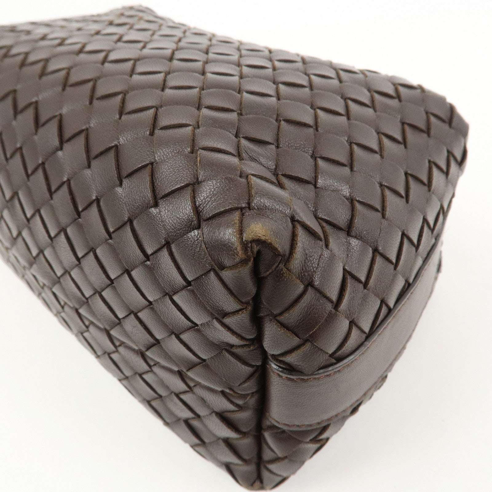 BOTTEGA VENETA Intrecciato Lamb Skin Hand Bag Boston Bag Dark Brown