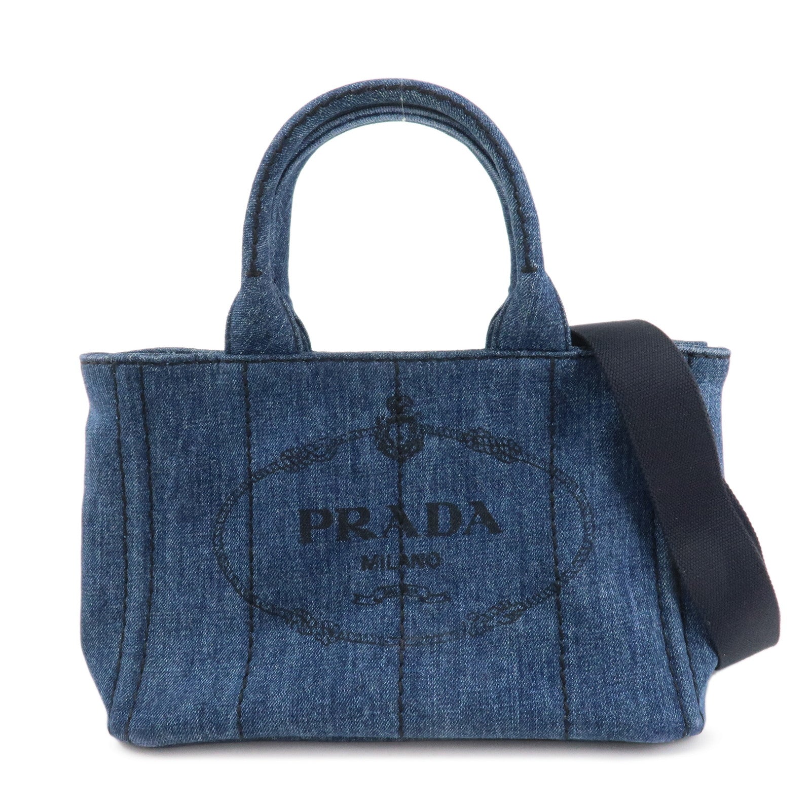 PRADA Canapa Mini Canvas Denim 2Way Shoulder Hand Bag Navy B2439G Used