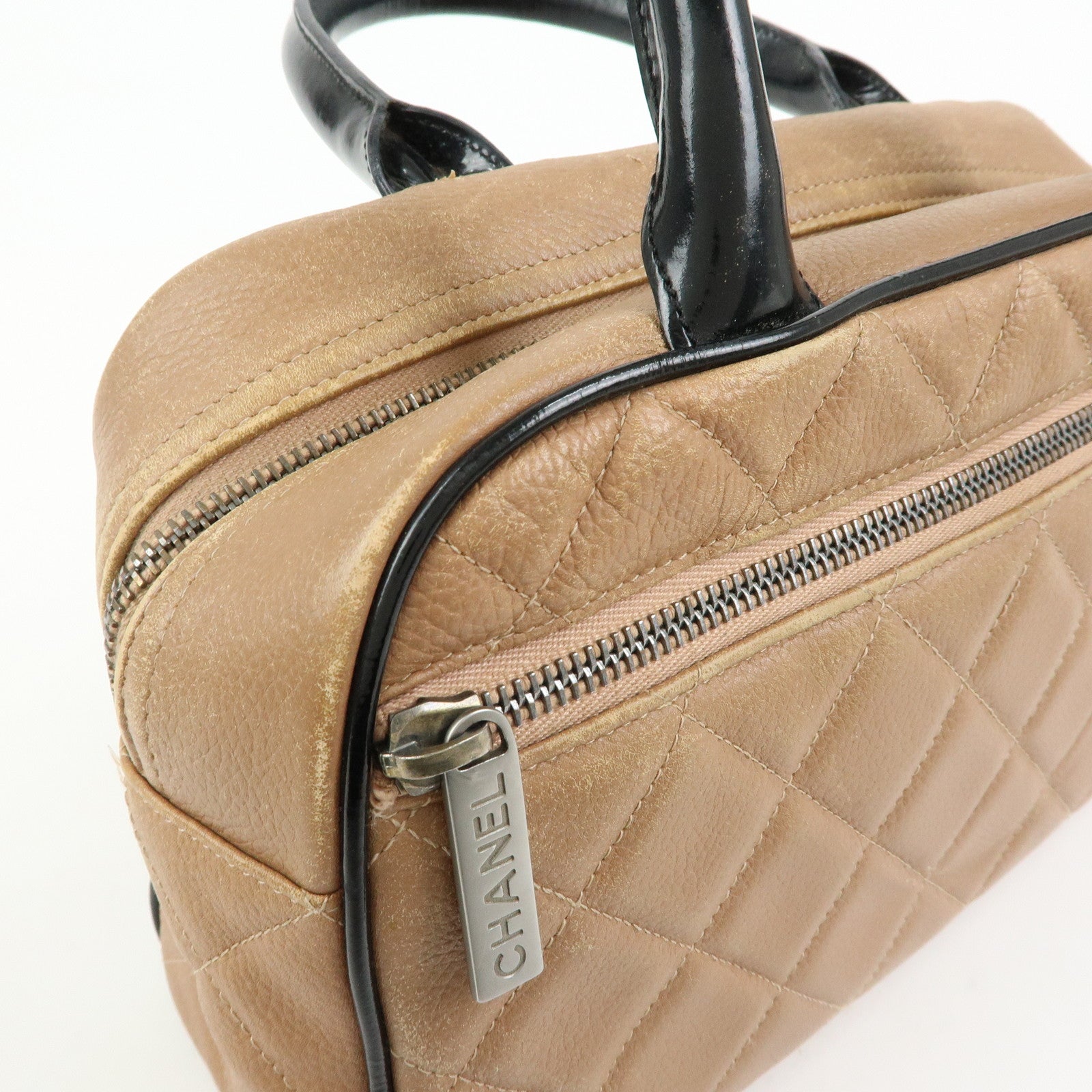 CHANEL Caviarskin Patent Leather Mini Boston Hand Bag Brown Black
