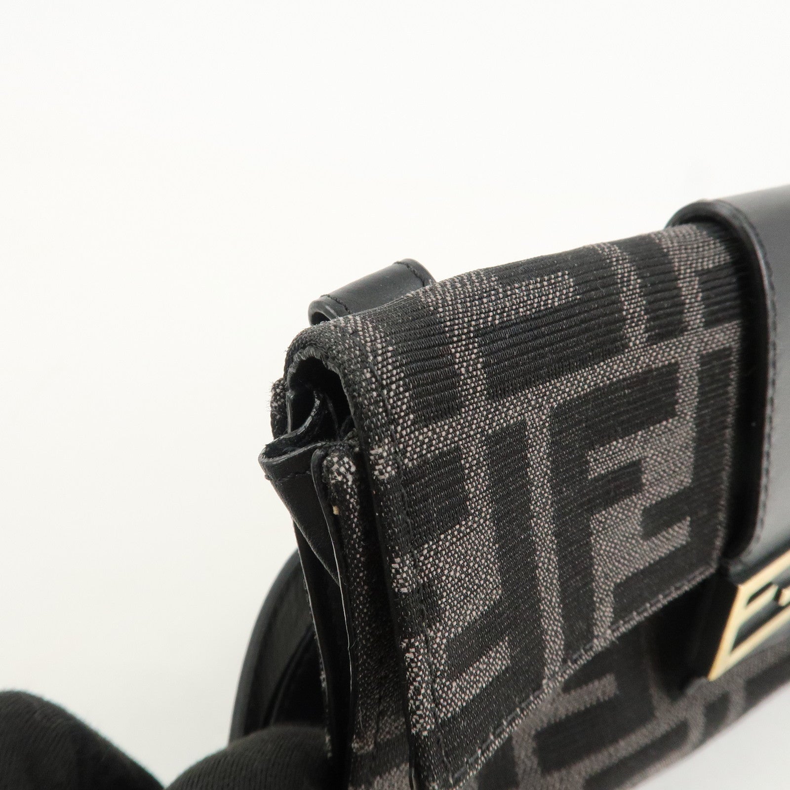 FENDI Zucca Leather Canvas Baguette Slim Clutch Bag Black 7M0295 Used