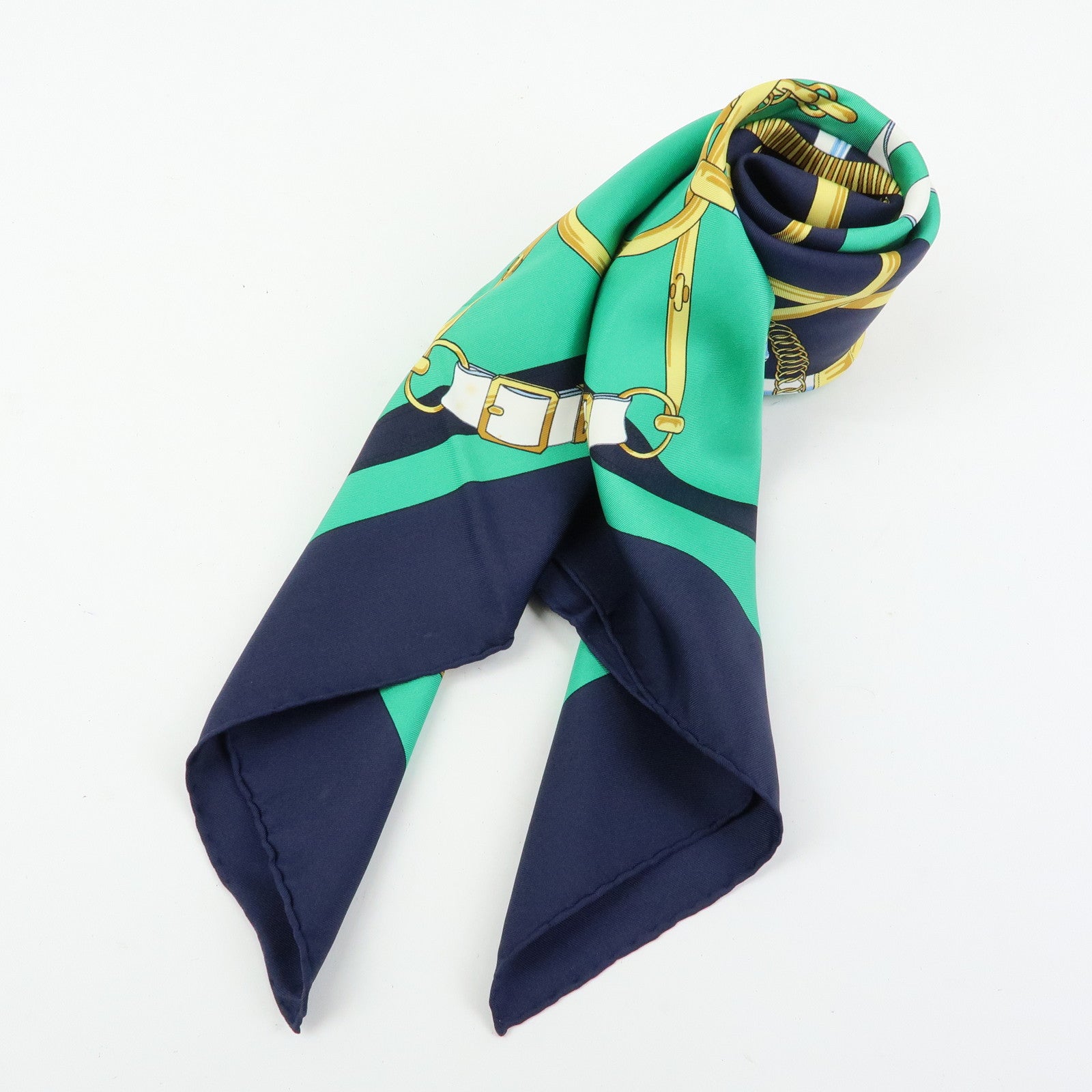 HERMES Carre 90 Silk 100% Scarf Eperon d'or Navy Green Gold