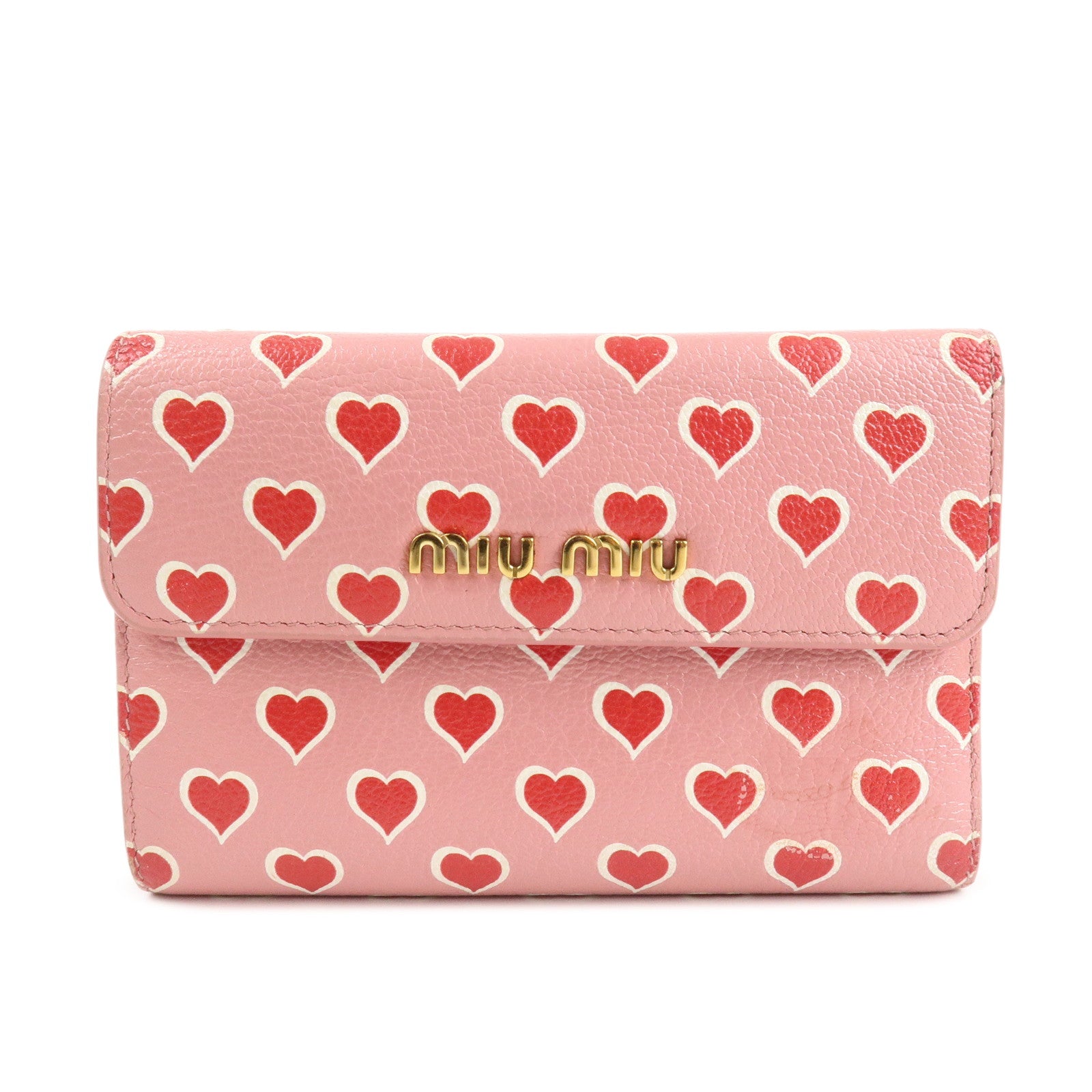 MIU MIU Leather Heart Bi-fold Wallet Pink Red 5ML014 Used