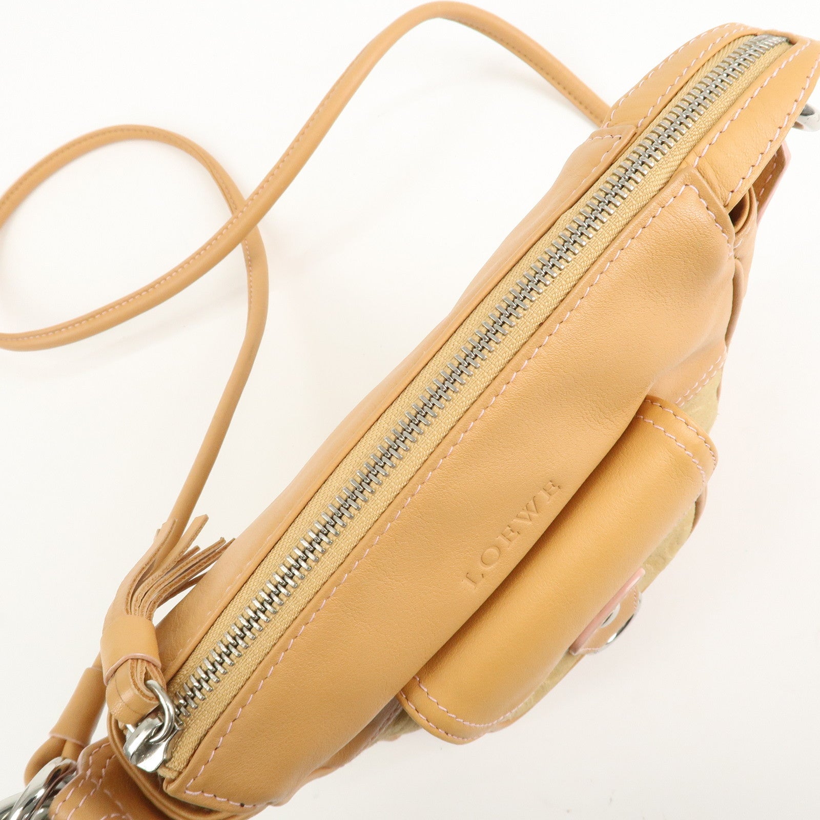 LOEWE Anagram Leather Suede Shoulder Bag Biege Silver HDW Used