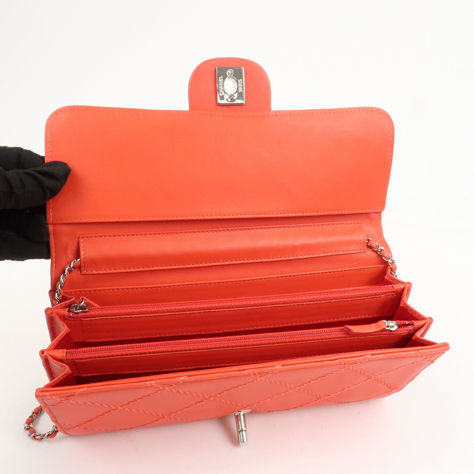 CHANEL COCO Mark Ultra Stitch Leather Chain Wallet Red