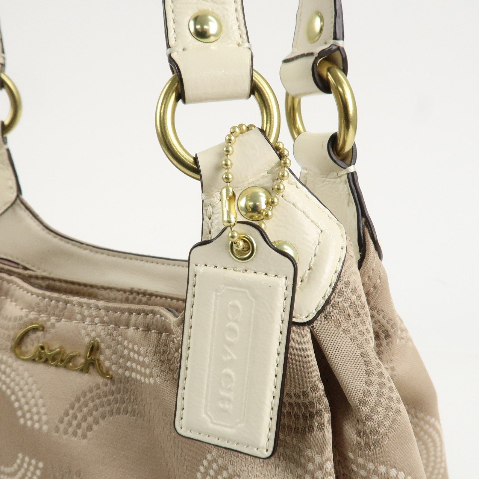 COACH Ashley Canvas Patent Leather Dot Op Art Hobo Bag Beige F21920 Used