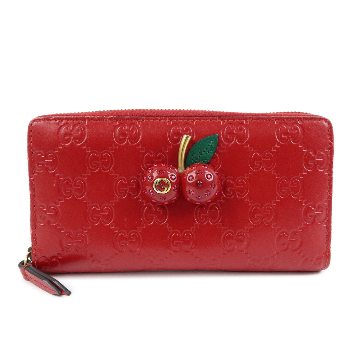 GUCCI Guccissima Leather Cherry Round Zippy Long Wallet Red 476049