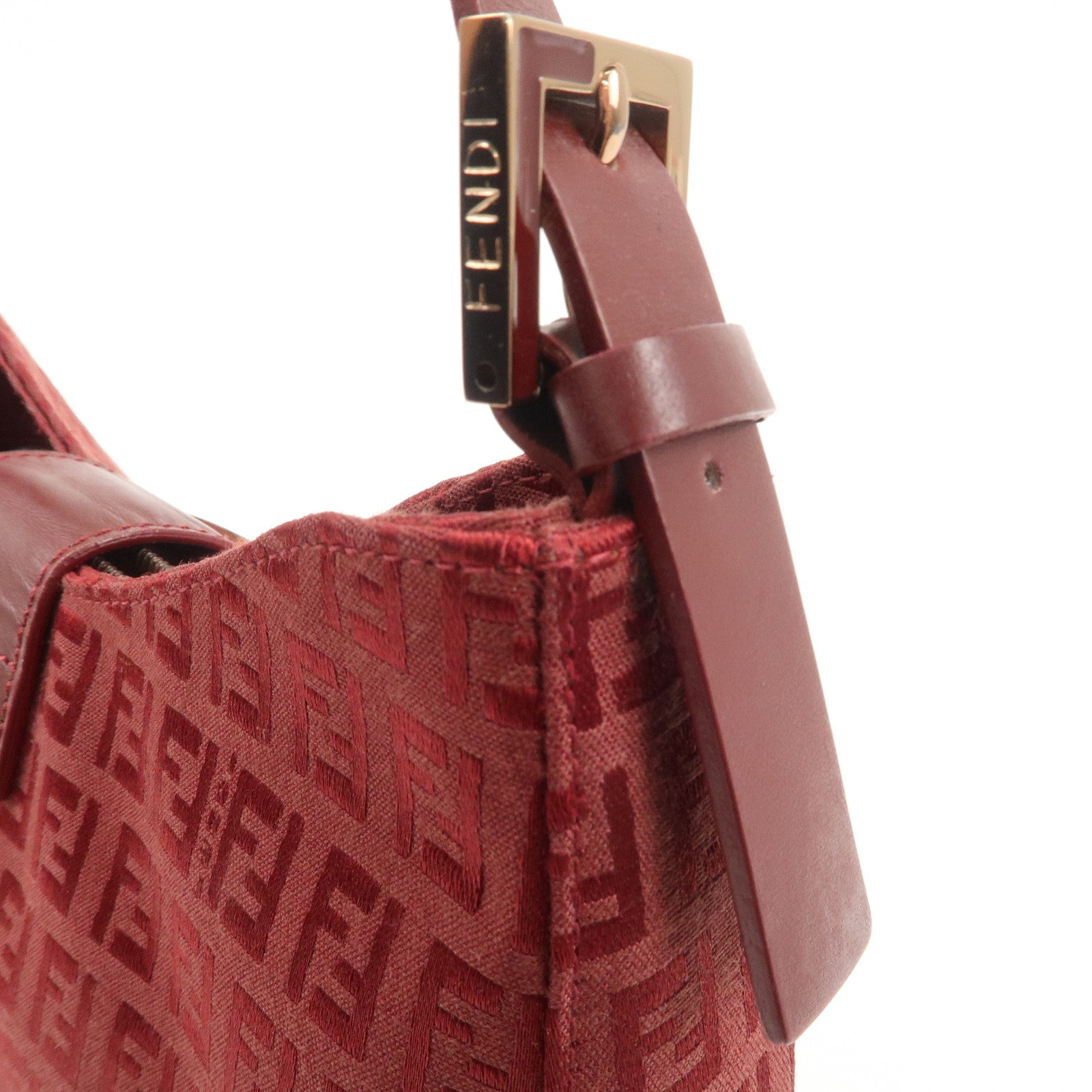 FENDI Zucchino Leather Canvas Shoulder Bag Hand Bag Red Used