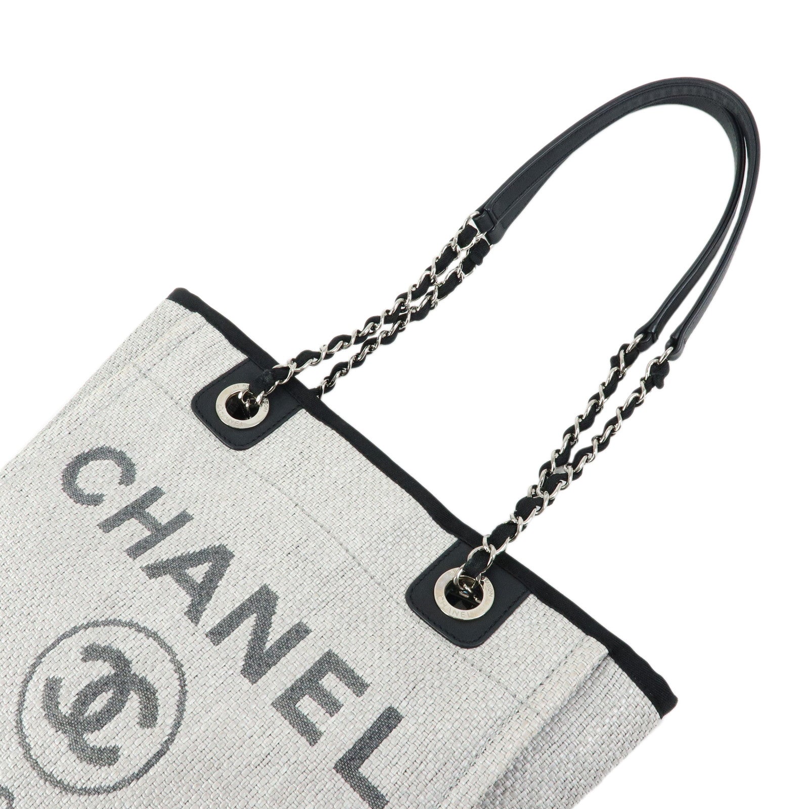 CHANEL Deauville PM Raffia Calf Leather Chain Tote Bag Black A66939