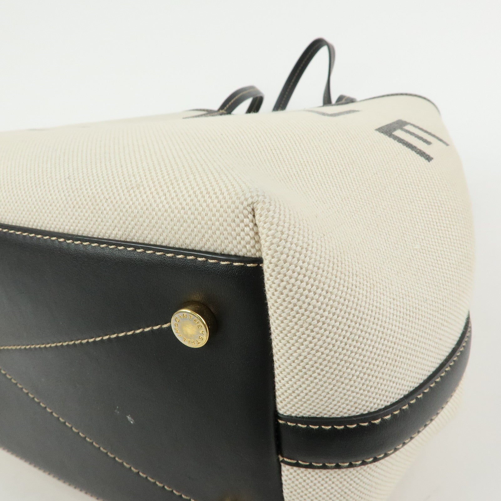 STELLA MCCARTNEY Leather Canvas Tote Bag Shoulder Bag Ecru Black
