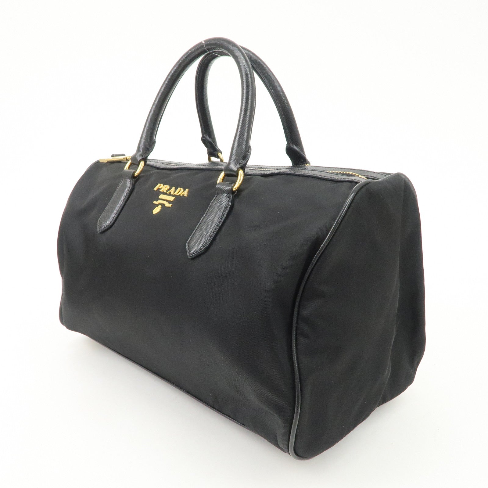 PPRADA Logo Nylon Leather Boston Bag Hand Bag Black Gold HDW Used