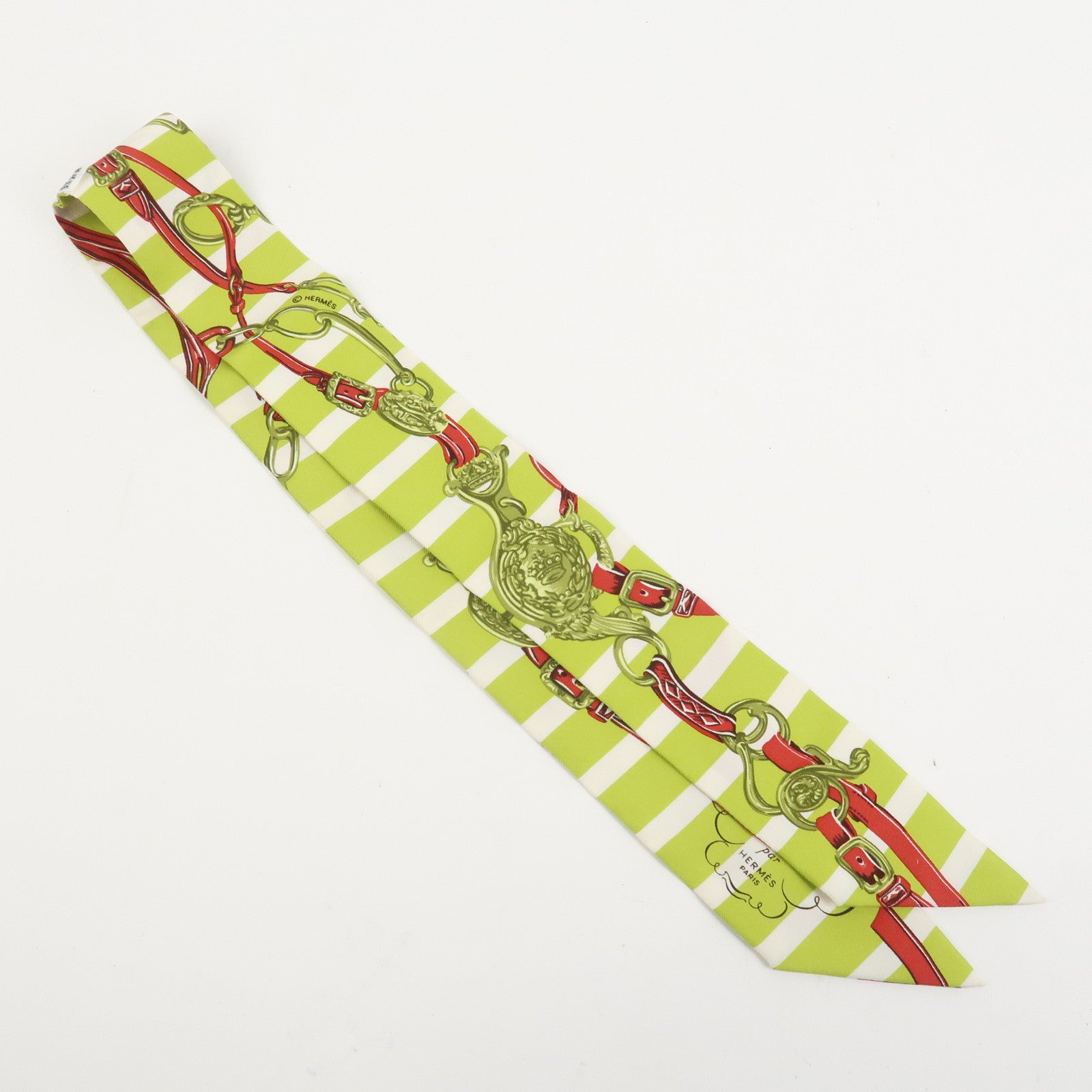 HERMES Twilly Silk 100% Scarf BRIDES de GALA Light Green Red