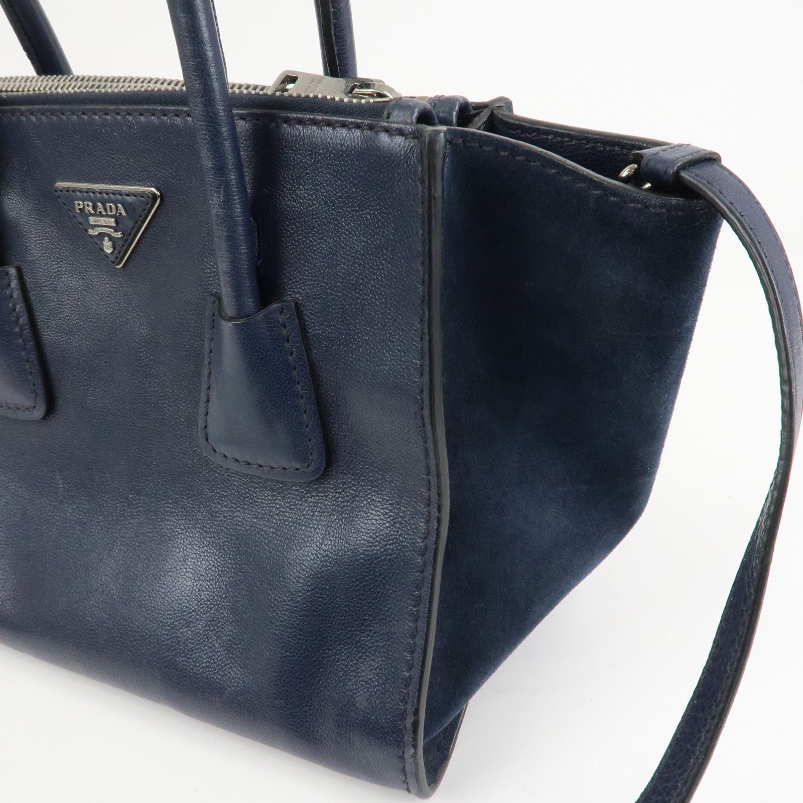 PRADA Triangle Logo Leather 2Way Bag Tote Bag Hand Bag Navy B2625M
