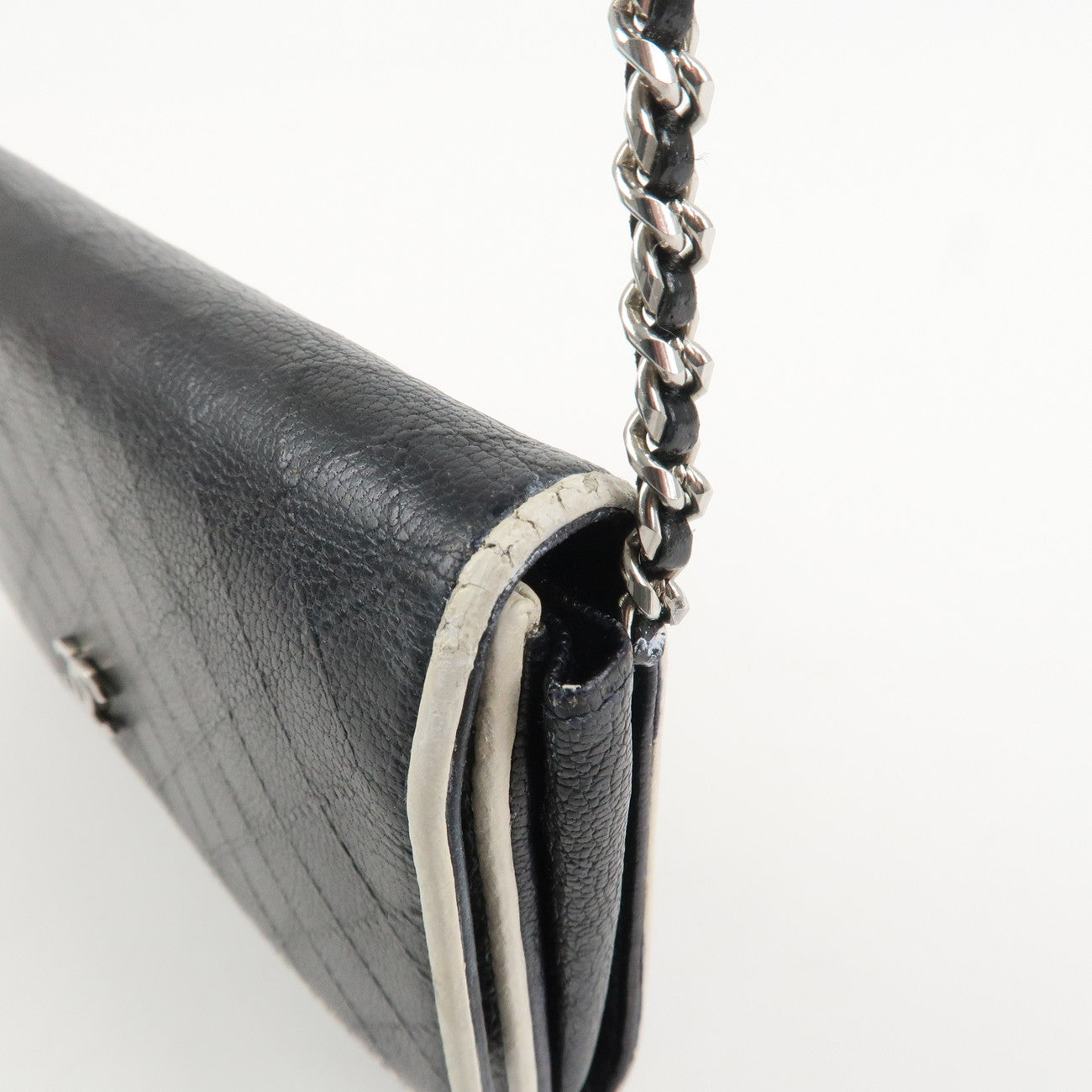 CHANEL Matelasse Leather Chain Long Wallet Dark Navy Bicolore Used