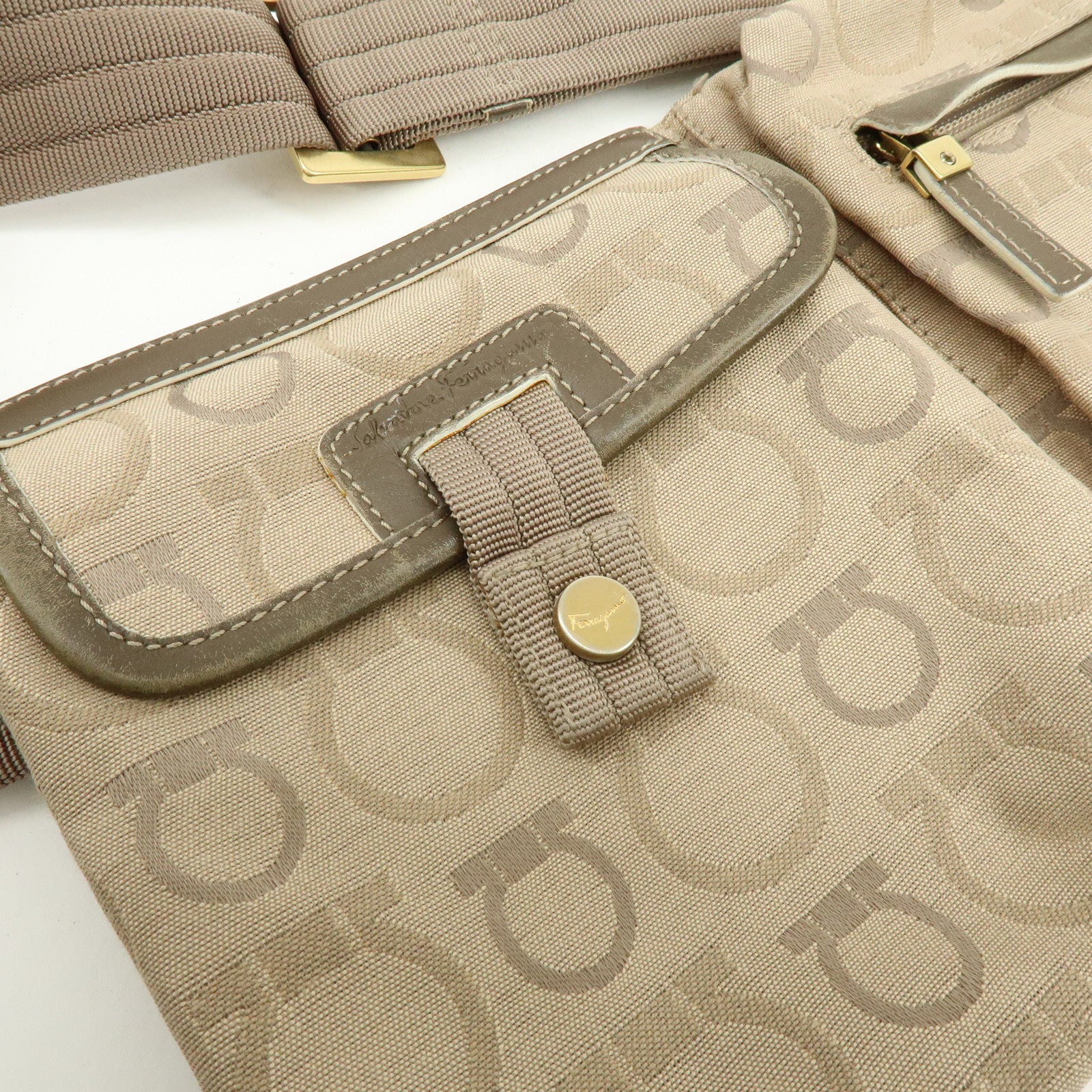 Ferragamo Gancini Canvas Leather Body Bag Waist Bag Beige