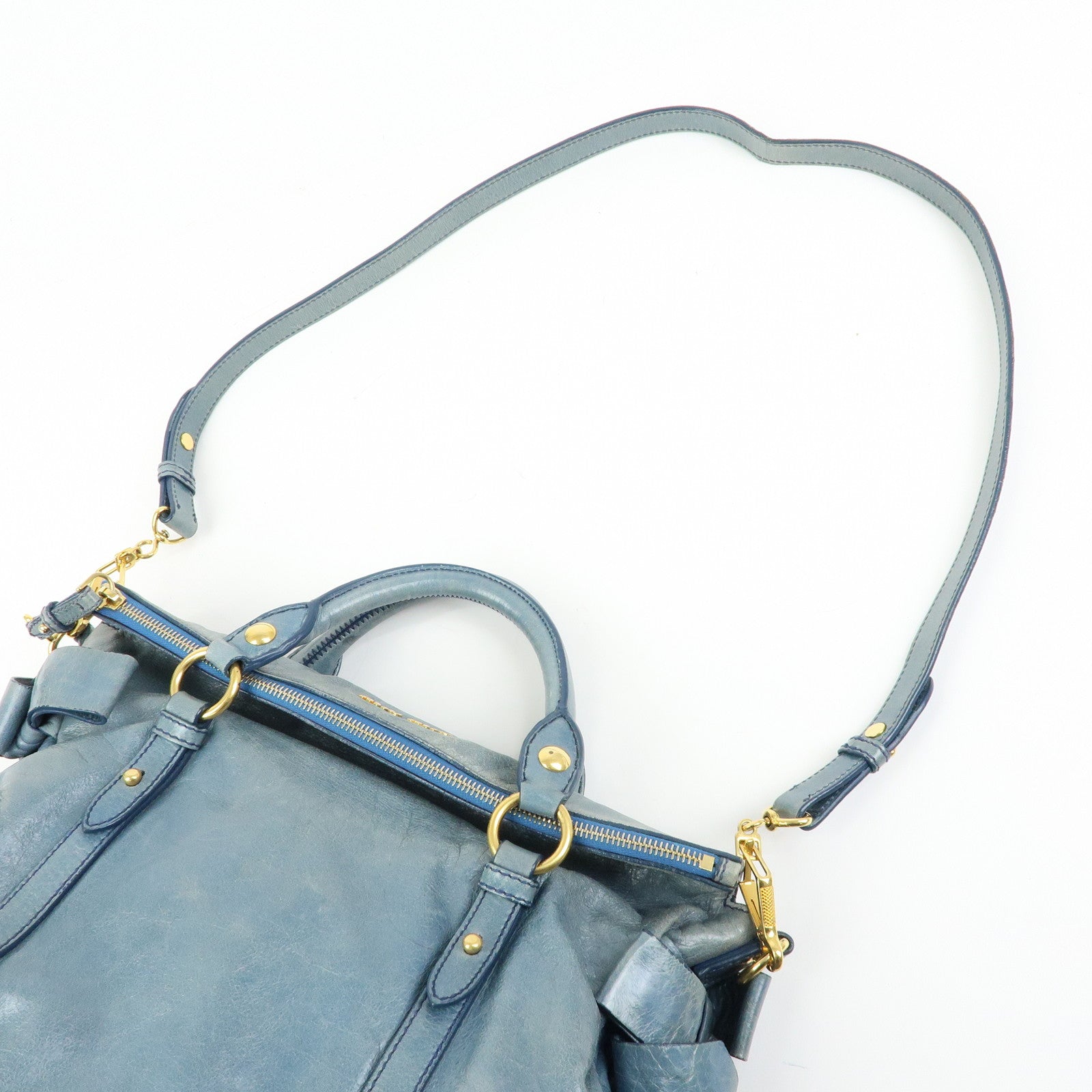 MIU MIU Side Ribbon Vittello Lux 2Way Bag Hand Shoulder Bag Blue