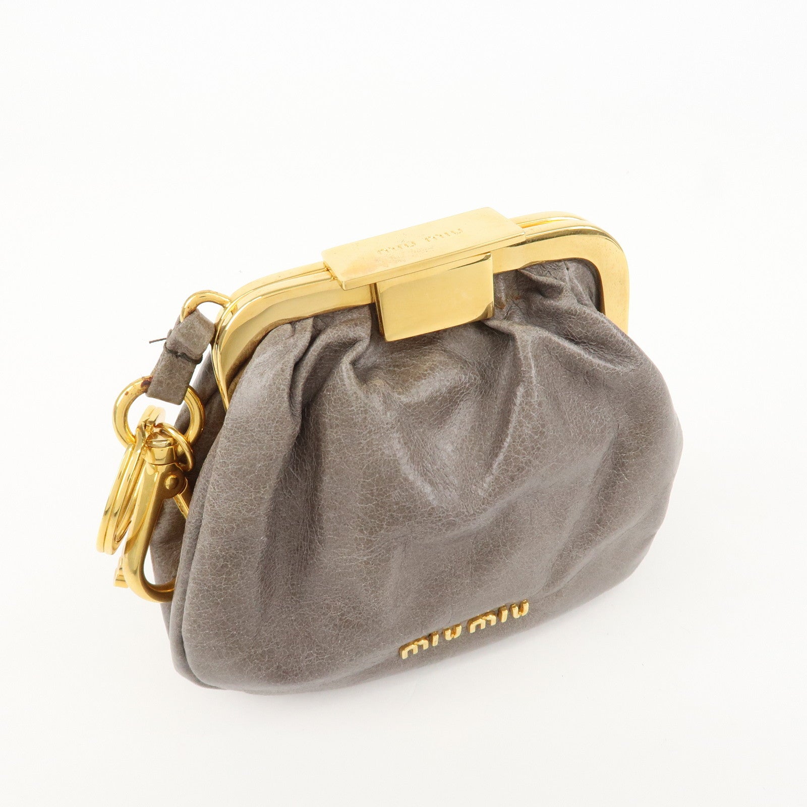 MIU MIU Logo Leather Kiss Lock Coin Case Gray Gold HDW Used