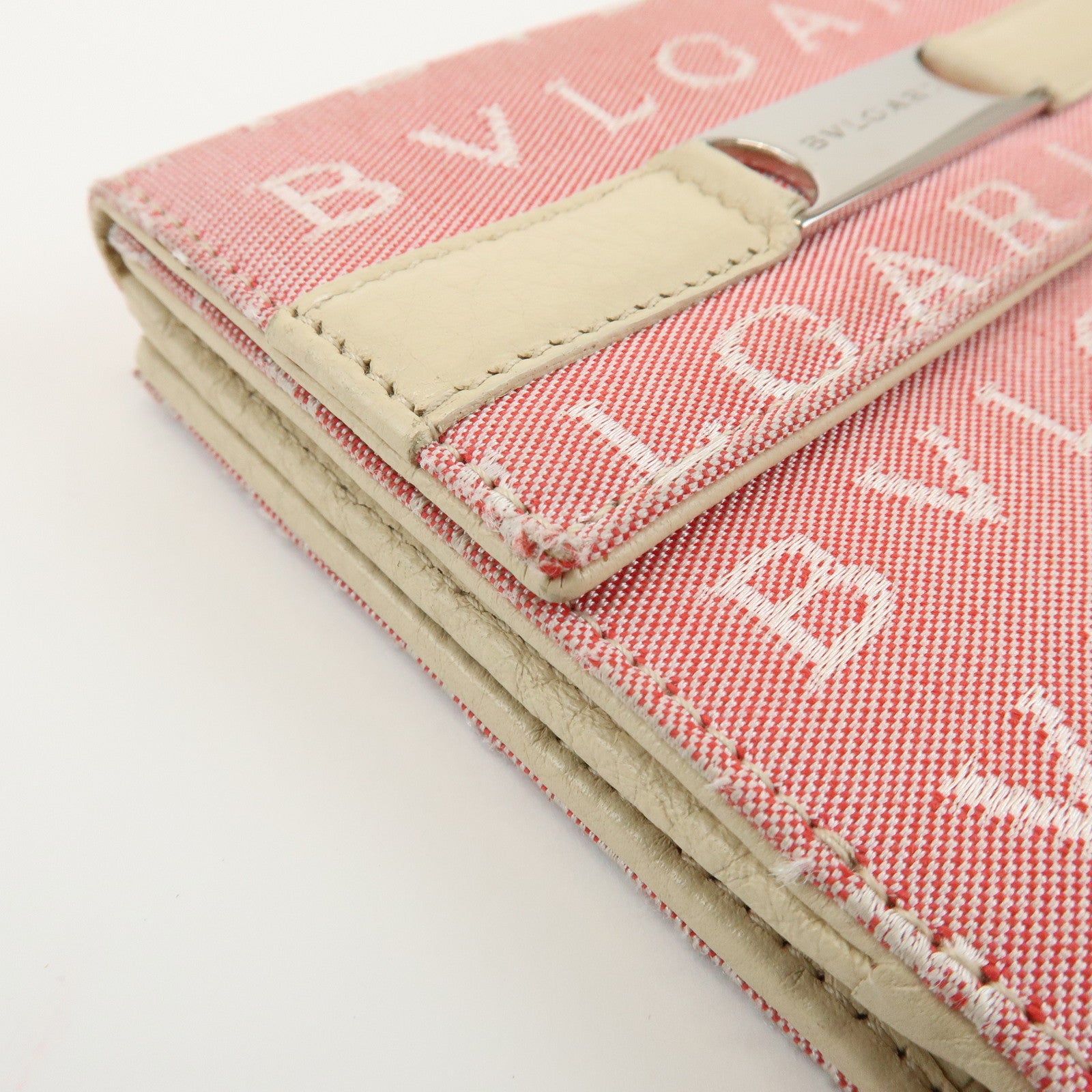 BVLGARI Logo Mania Canvas Leather Compact Wallet Pink Ivory