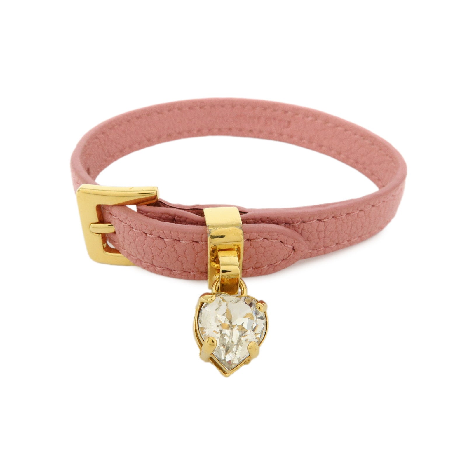 MIU MIU Leather Metal Rhinestone Bracelet Pink Gold 5IB253