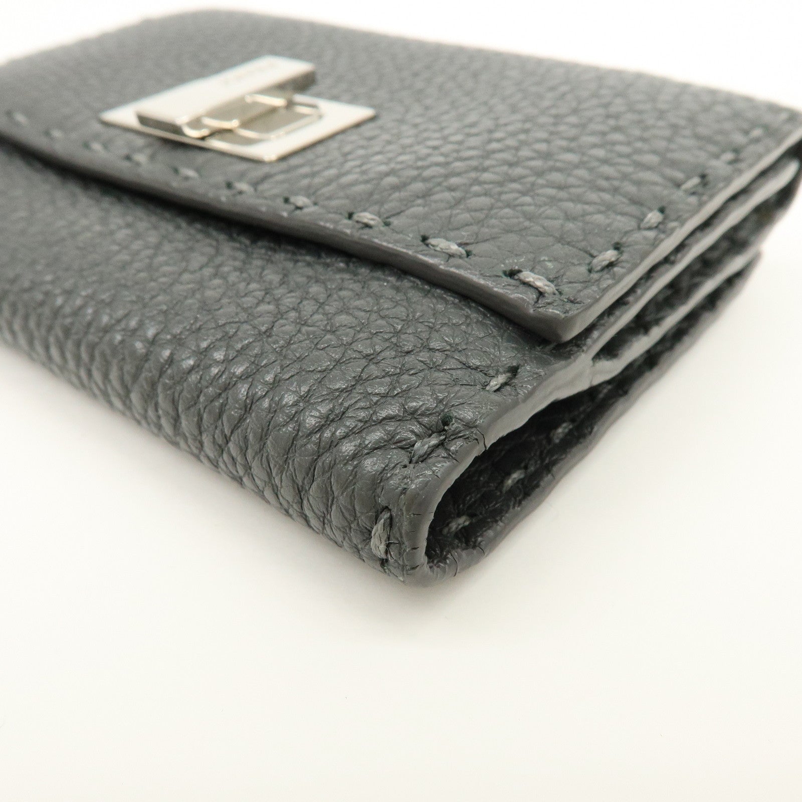 FENDI Selleria Leather Tri-fold Compact Wallet Gray 8M0359
