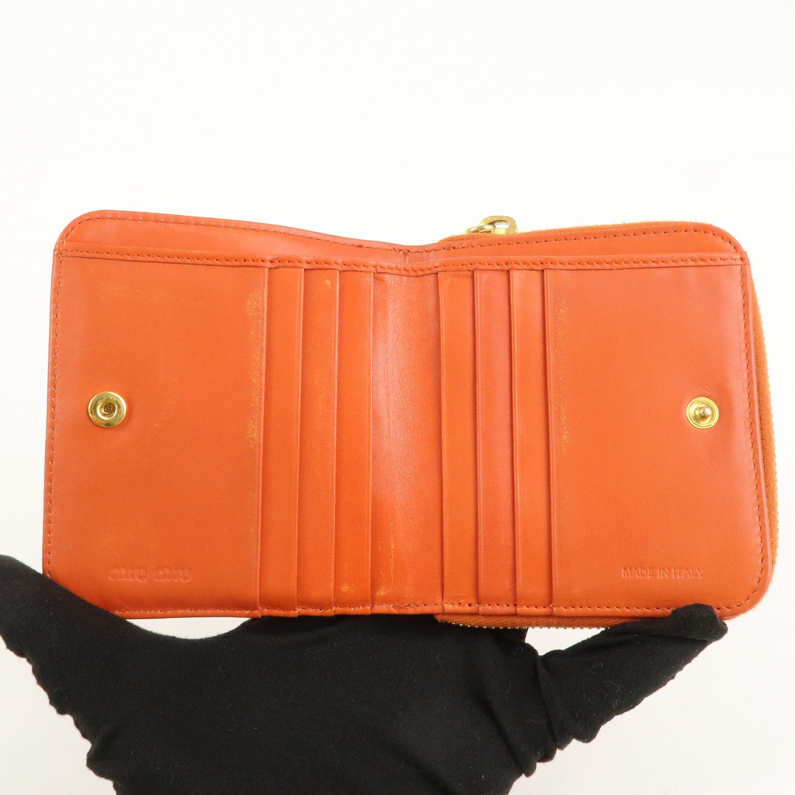 MIU MIU Leather Bi-Fold Wallet Compact Wallet Orange Gold Hardware Used