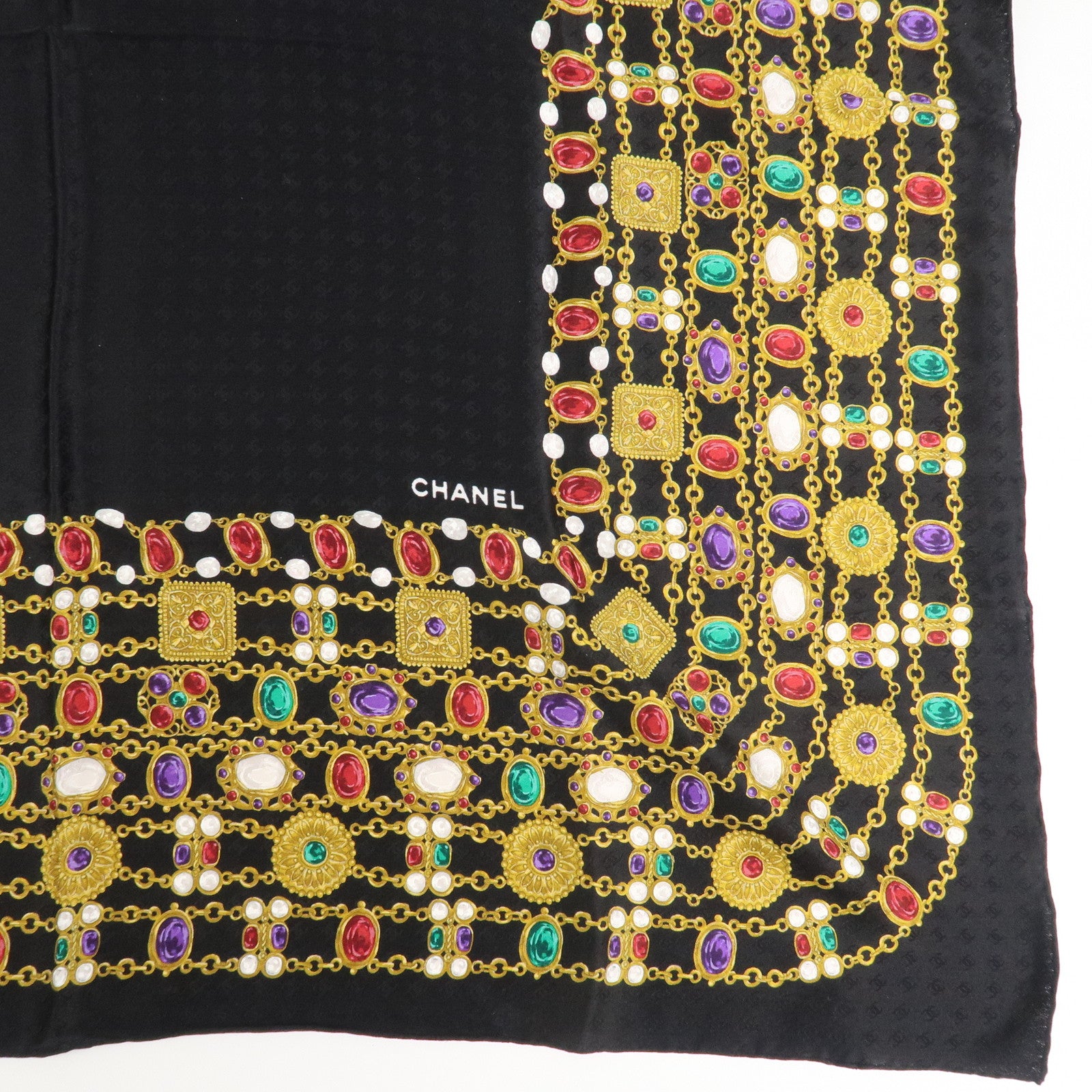 CHANEL COCO Mark Silk 100 % Jewelry Pattern Scarf Black Multi Color Used