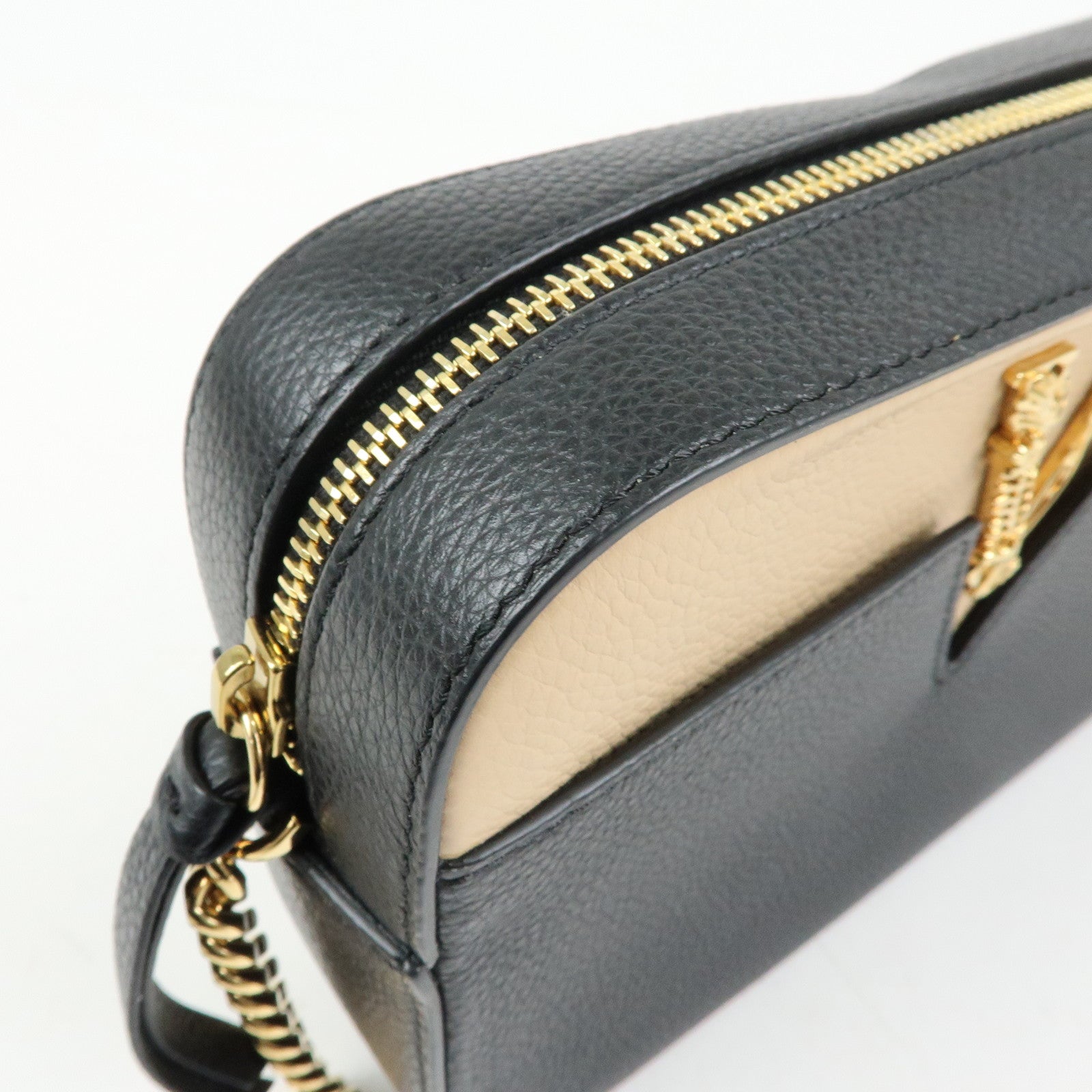 VERSACE Virtus Leather Shoulder Crossbody Bag Black Beige
