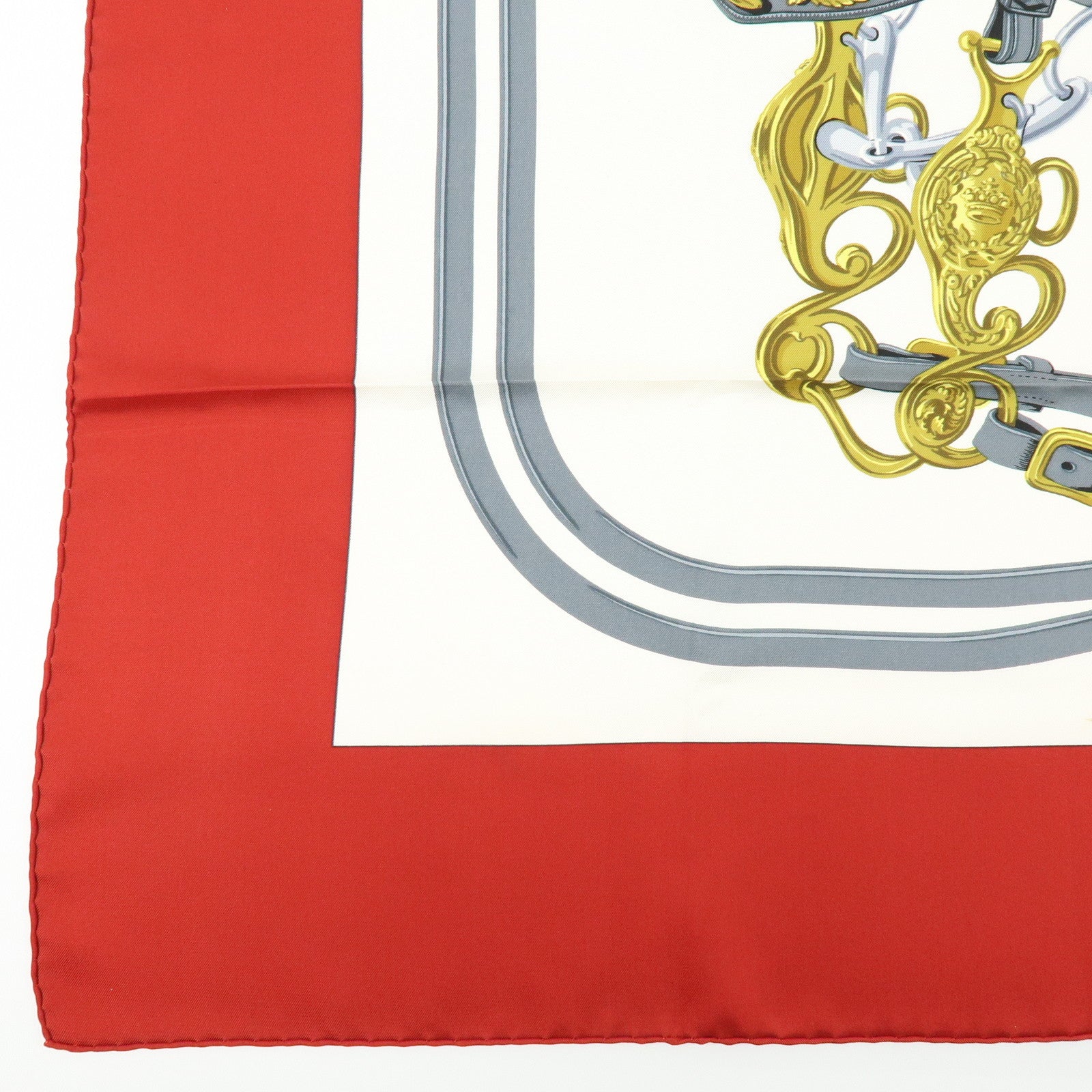 HERMES Carre 90 Silk 100% BRIDES DE GALA Scarf Red Gold