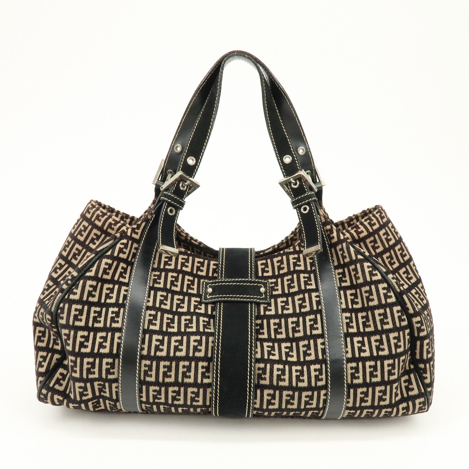 FENDI Zucchino Canvas Suede Leather Tote Bag Black Beige 8BR091
