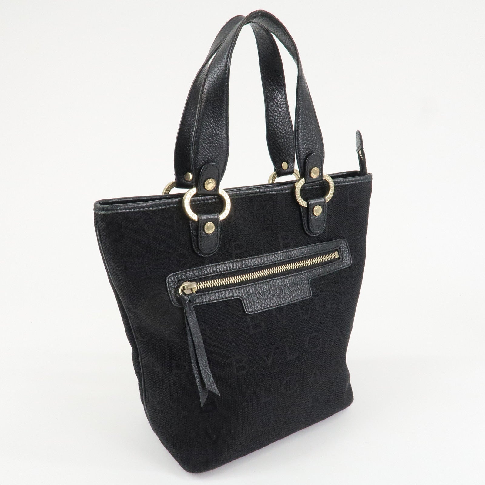 BVLGARI Logo Mania Leather Canvas Tote Bag Hand Bag Black Used