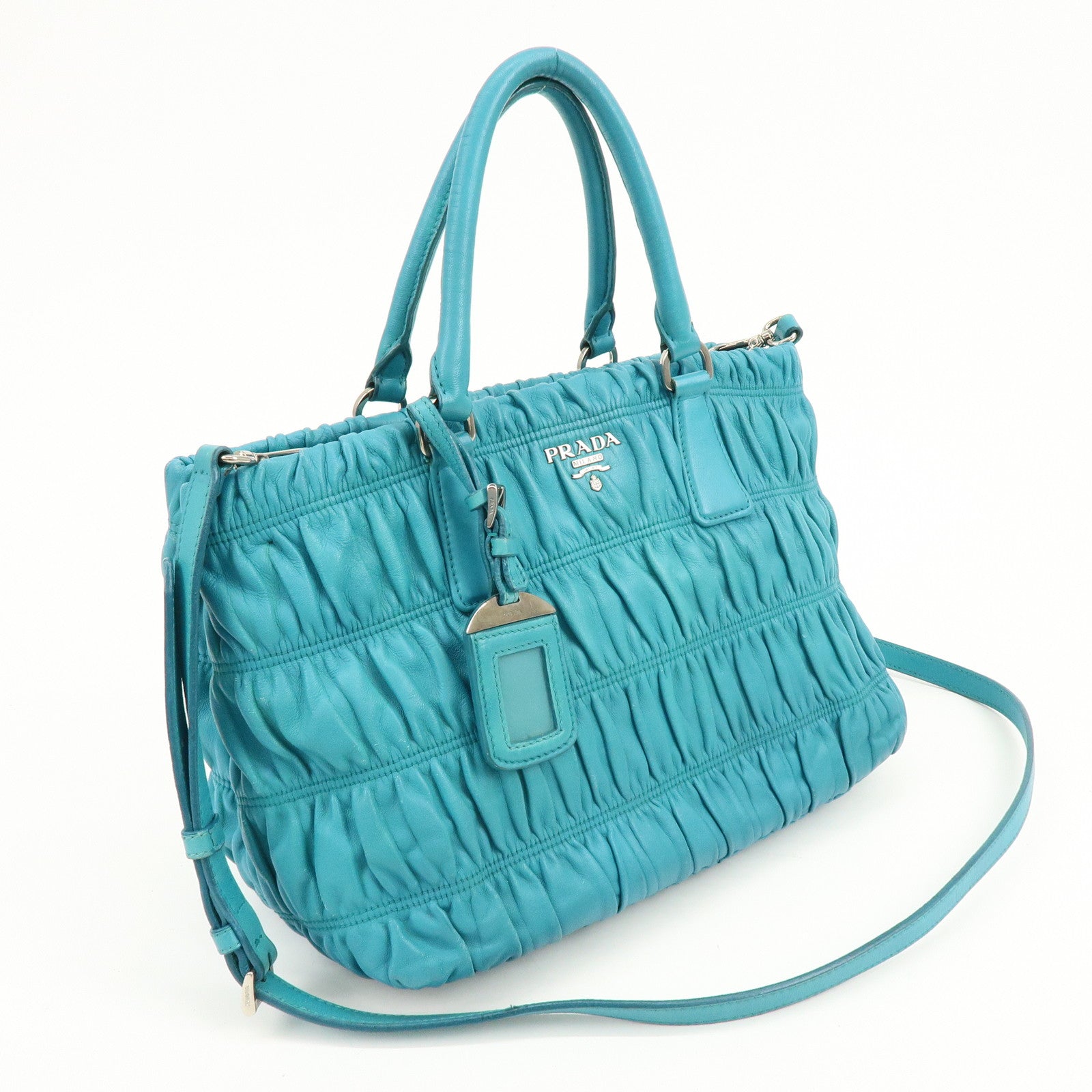 PRADA Leather 2Way Bag Hand Bag Shoulder Bag Turquoise Blue