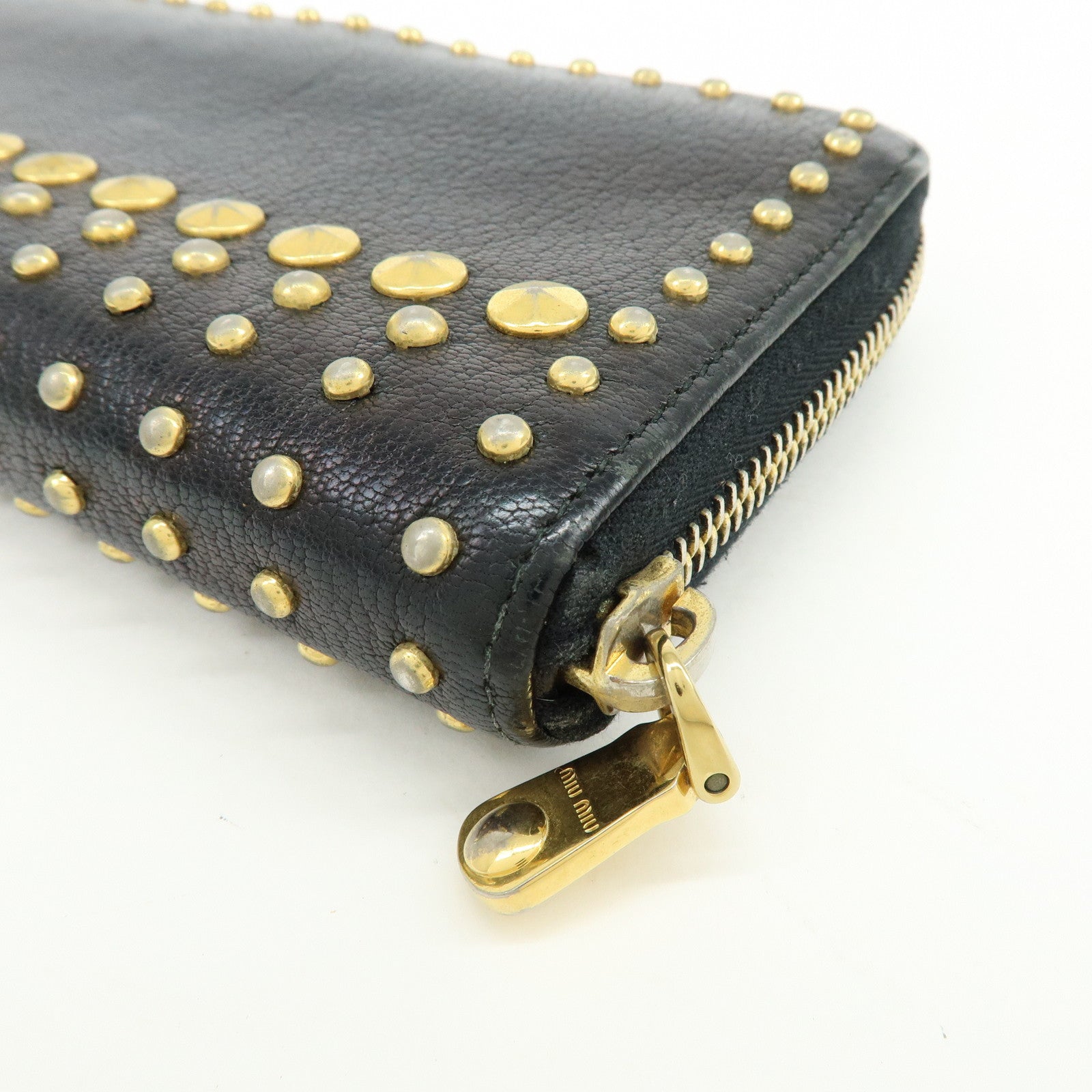 MIU MIU Logo Leather Studs Zippy Long Wallet Black 5M0506